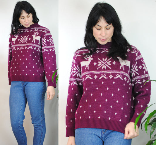 Purple knit deer sweater 70s 80s Sundowner wool top