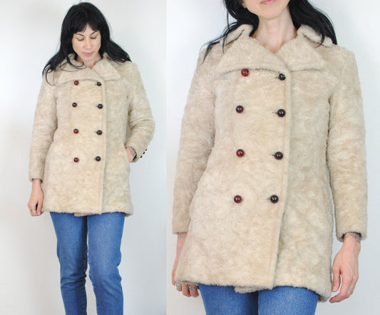 Copy of 60s 70s cream off white beige faux fur peacoat double breasted coat jacket