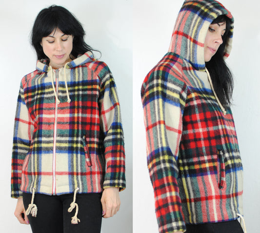 Wool plaid hooded 60s 70s coat zip up jacket virgin wool winter coat