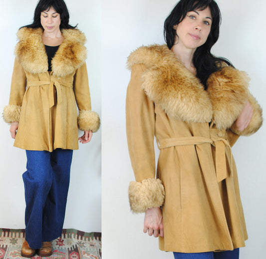 Shearling 70s leather fur coat tan fur neckline and cuffs