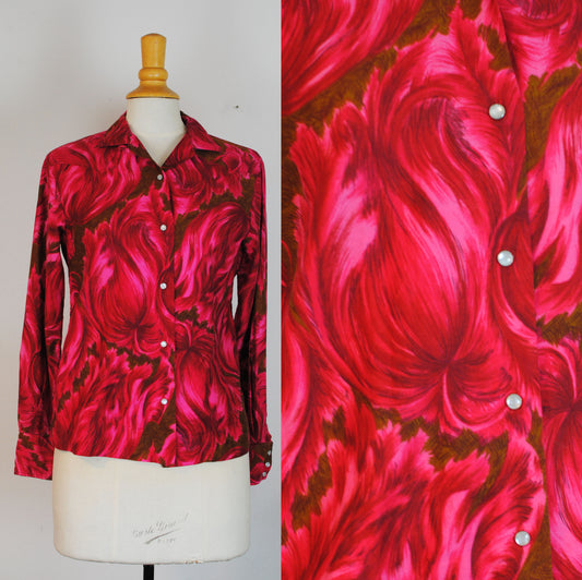 Distinctive Tem - Tex Western sportswear 50s snap button screen print fabric floral pink design