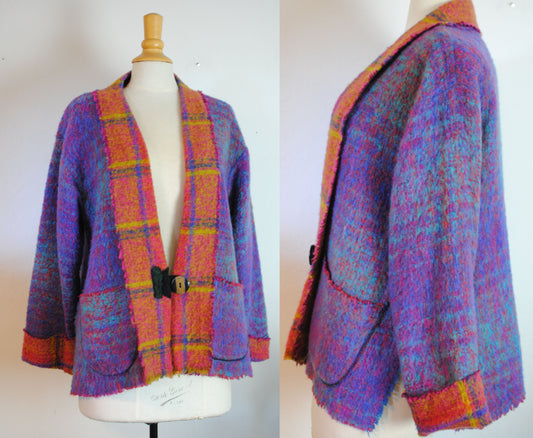 Lee Anderson coat blazer textured knit wool fringed plaid purple art to wear