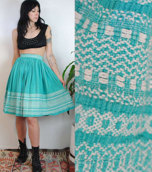 Vintage 50s heavy hand woven full skirt aqua turquoise with white embroidery Cas-Cer textiles