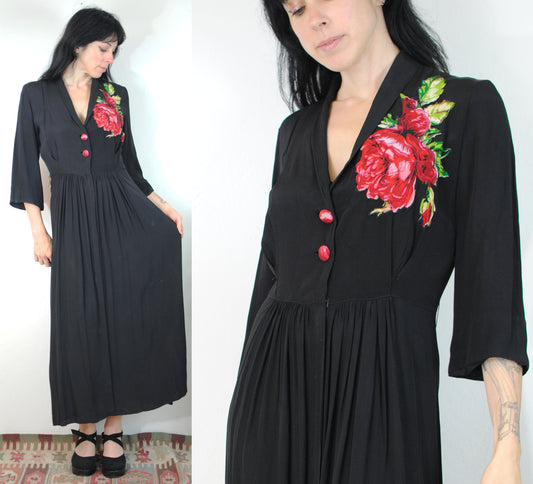 40s dress  quilted embroidered decorative flower black front zip and button up