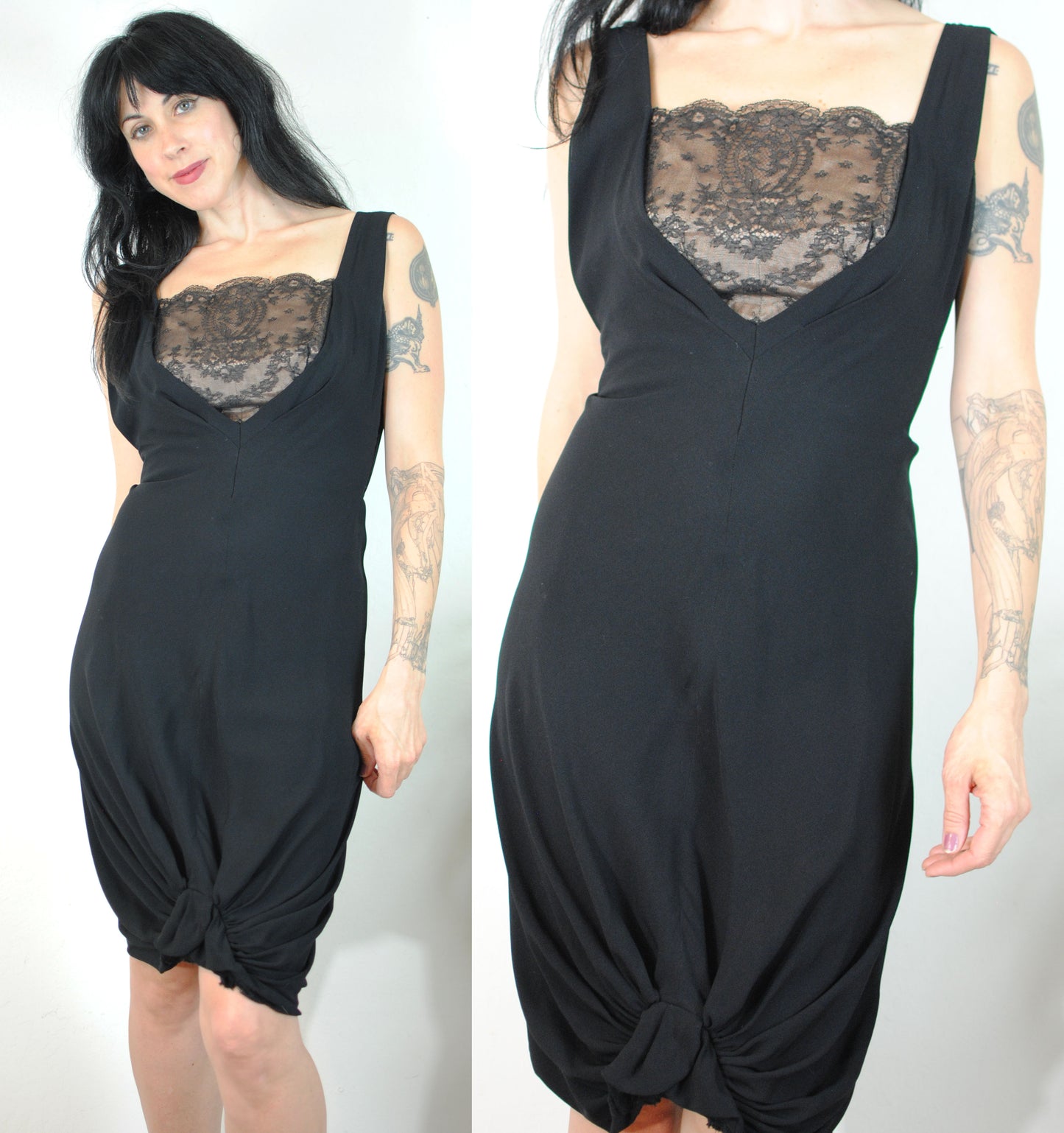 black 50s 60s cocktail dress boned bust peak a boo lace gathered bottom hem Mildred-Hazel Shop evening dress