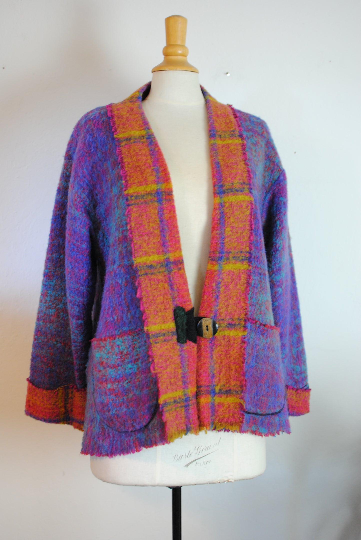 Lee Anderson coat blazer textured knit wool fringed plaid purple art to wear