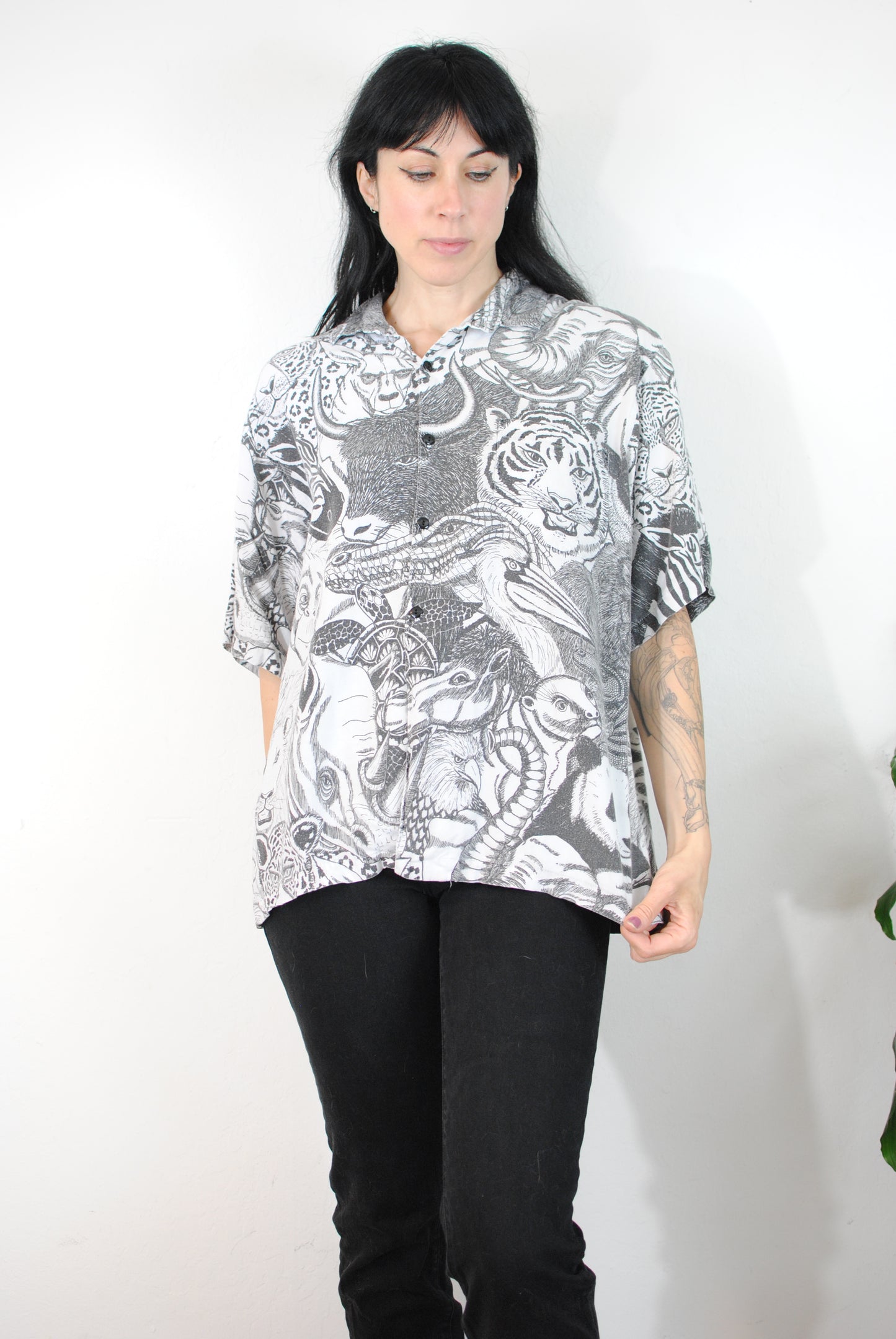 Cactus Club black white all over print animal shirt blouse zoo animals safari shirt screen print