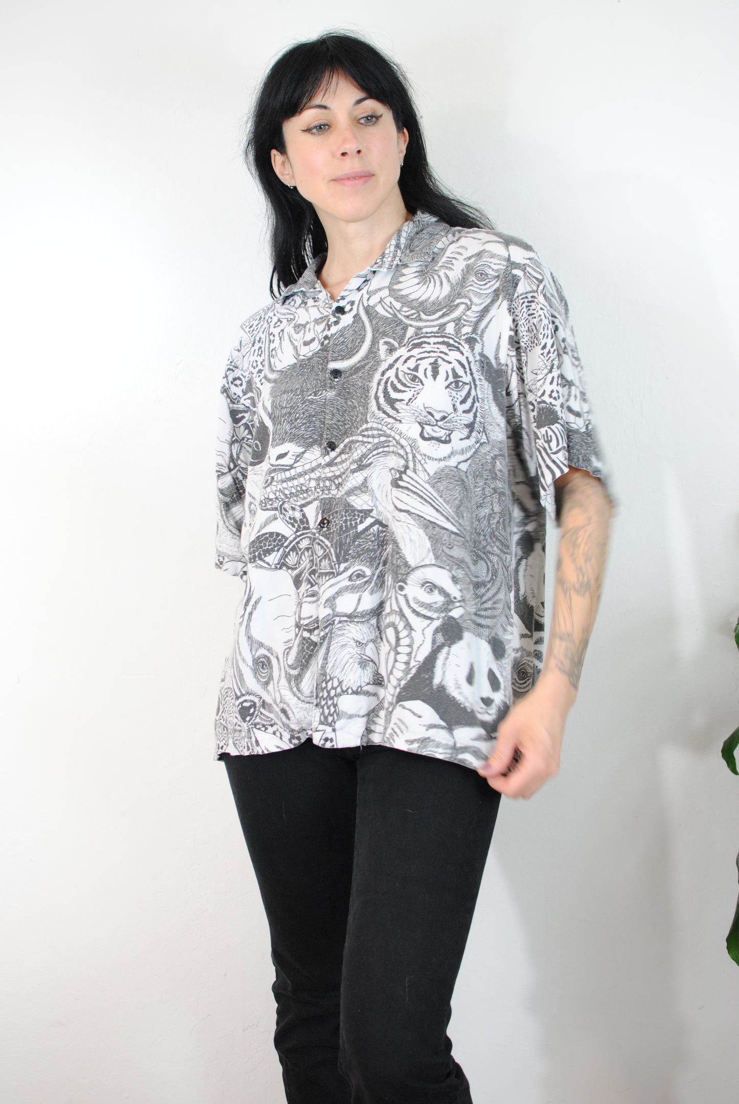 Cactus Club black white all over print animal shirt blouse zoo animals safari shirt screen print