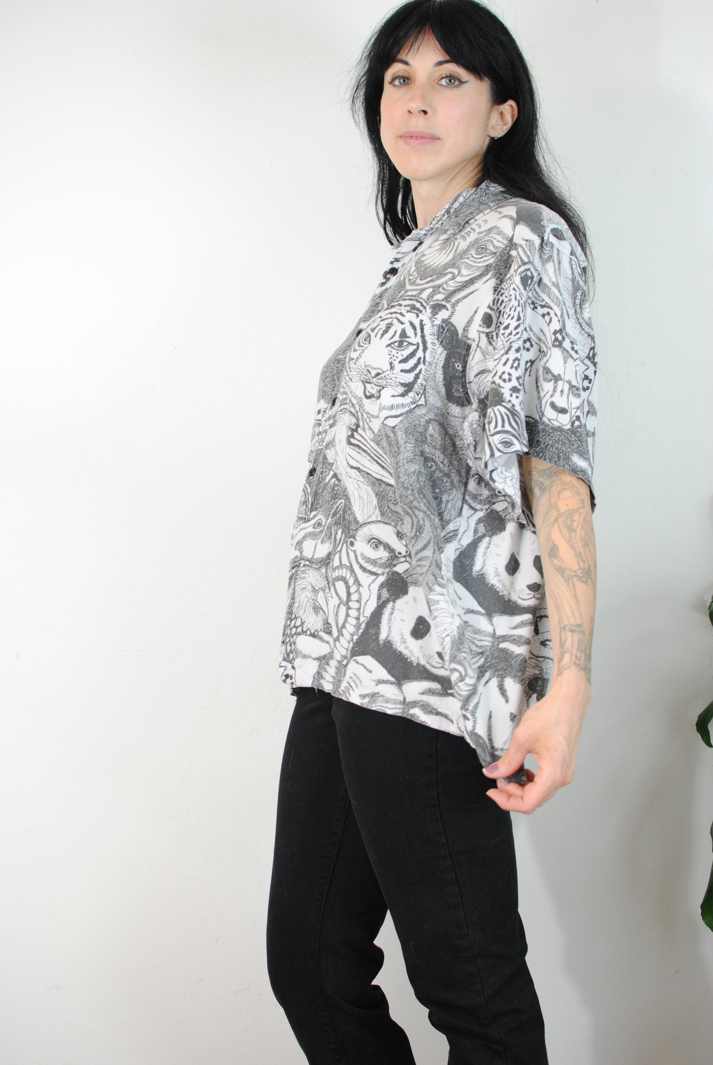 Cactus Club black white all over print animal shirt blouse zoo animals safari shirt screen print