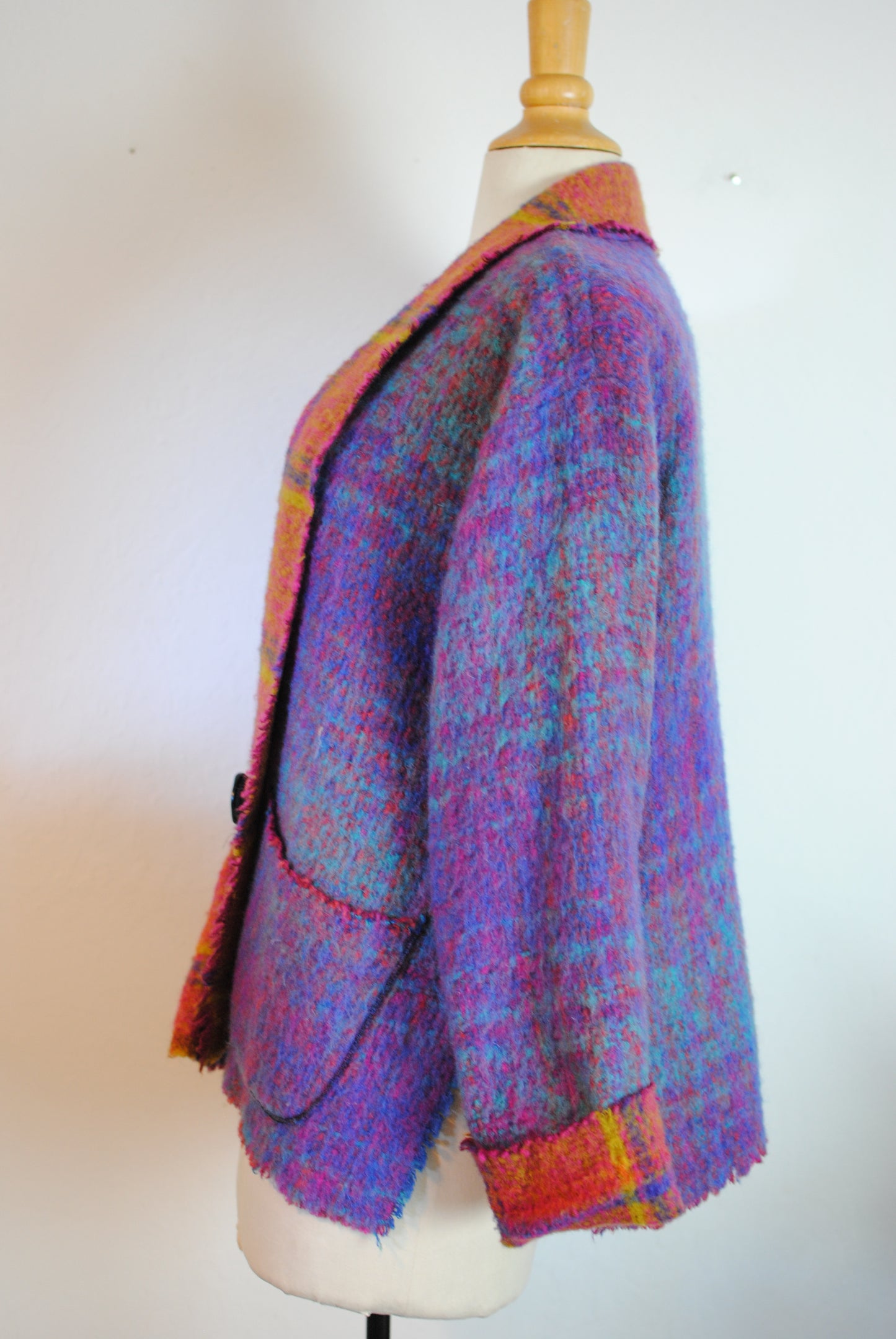 Lee Anderson coat blazer textured knit wool fringed plaid purple art to wear