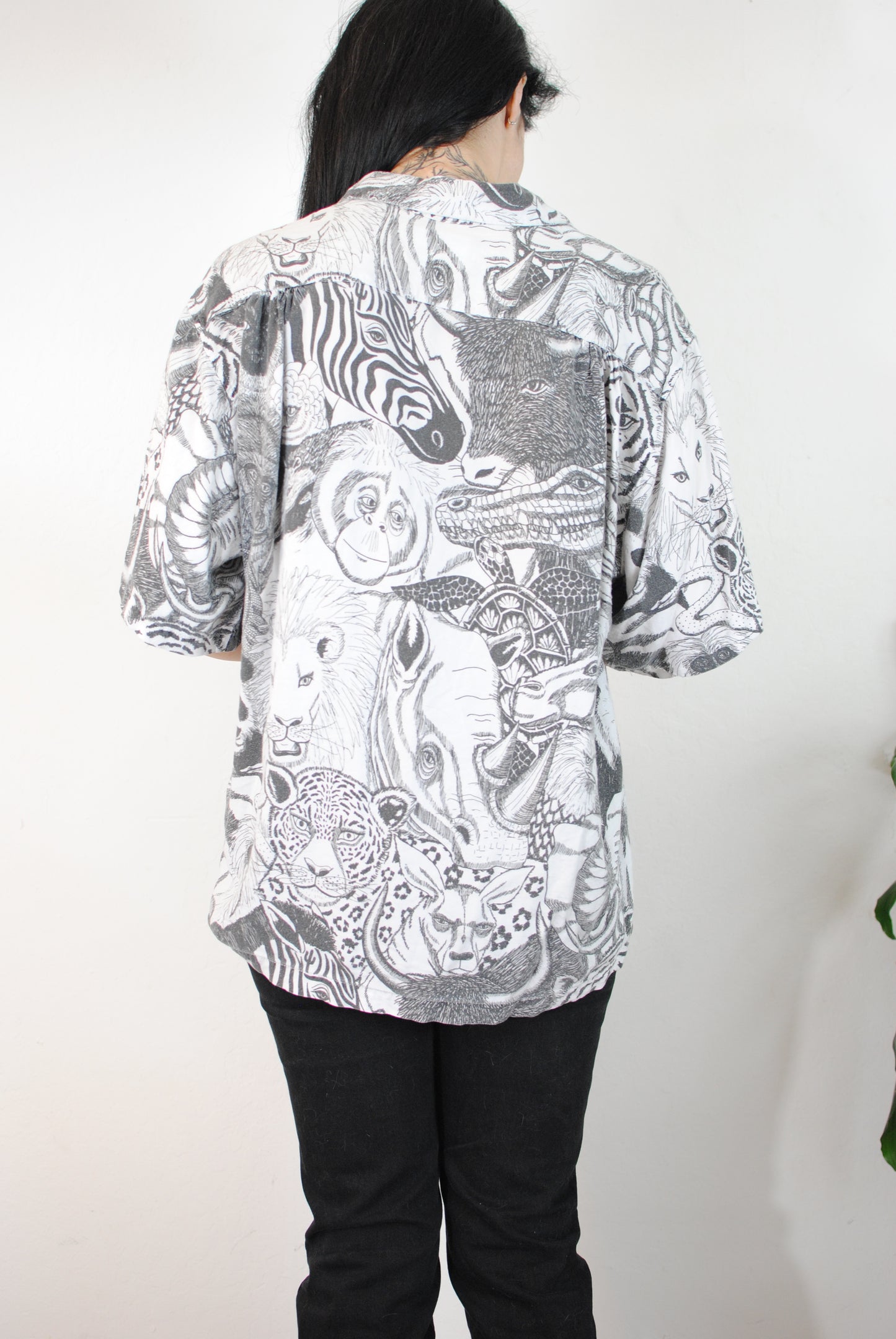 Cactus Club black white all over print animal shirt blouse zoo animals safari shirt screen print