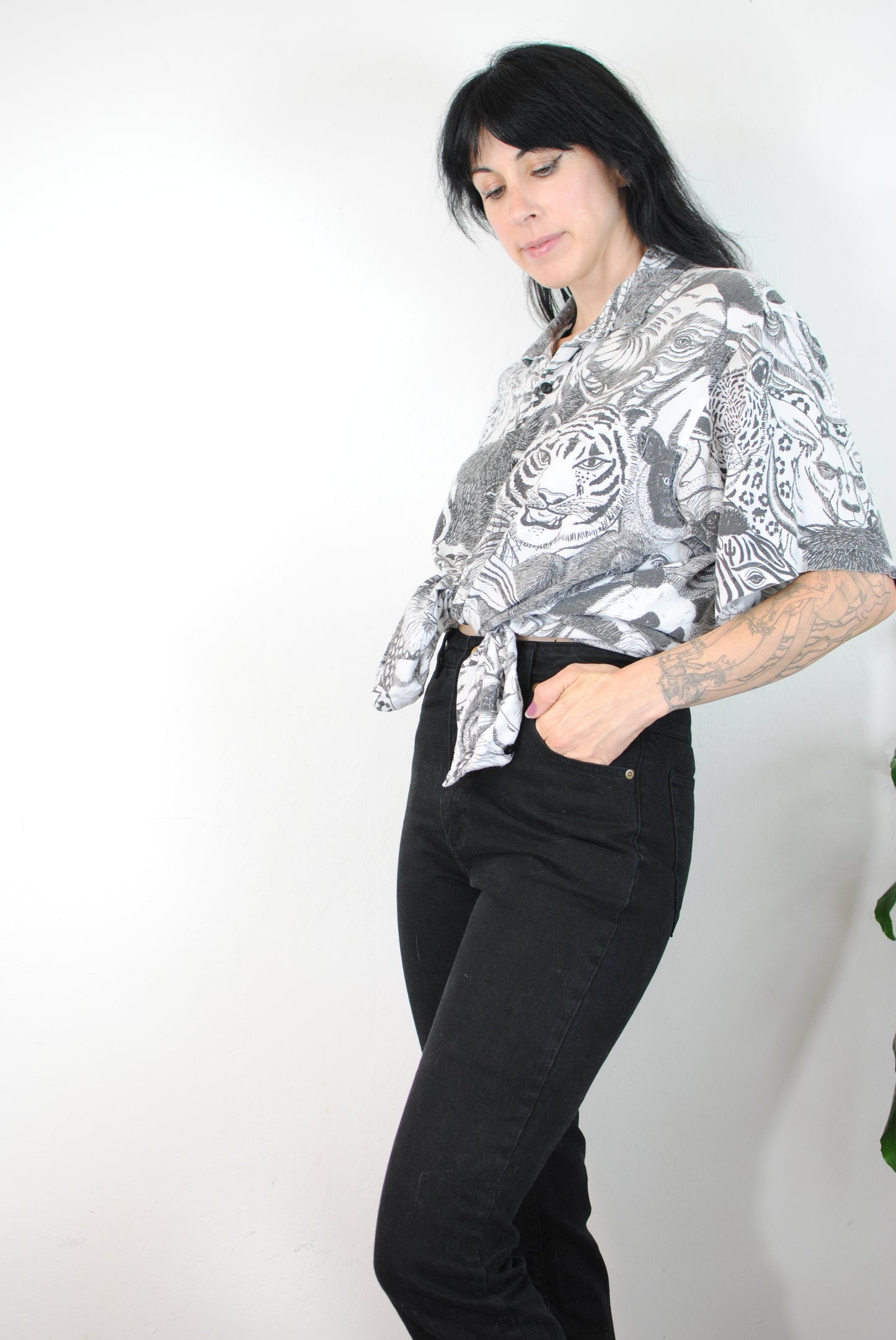 Cactus Club black white all over print animal shirt blouse zoo animals safari shirt screen print