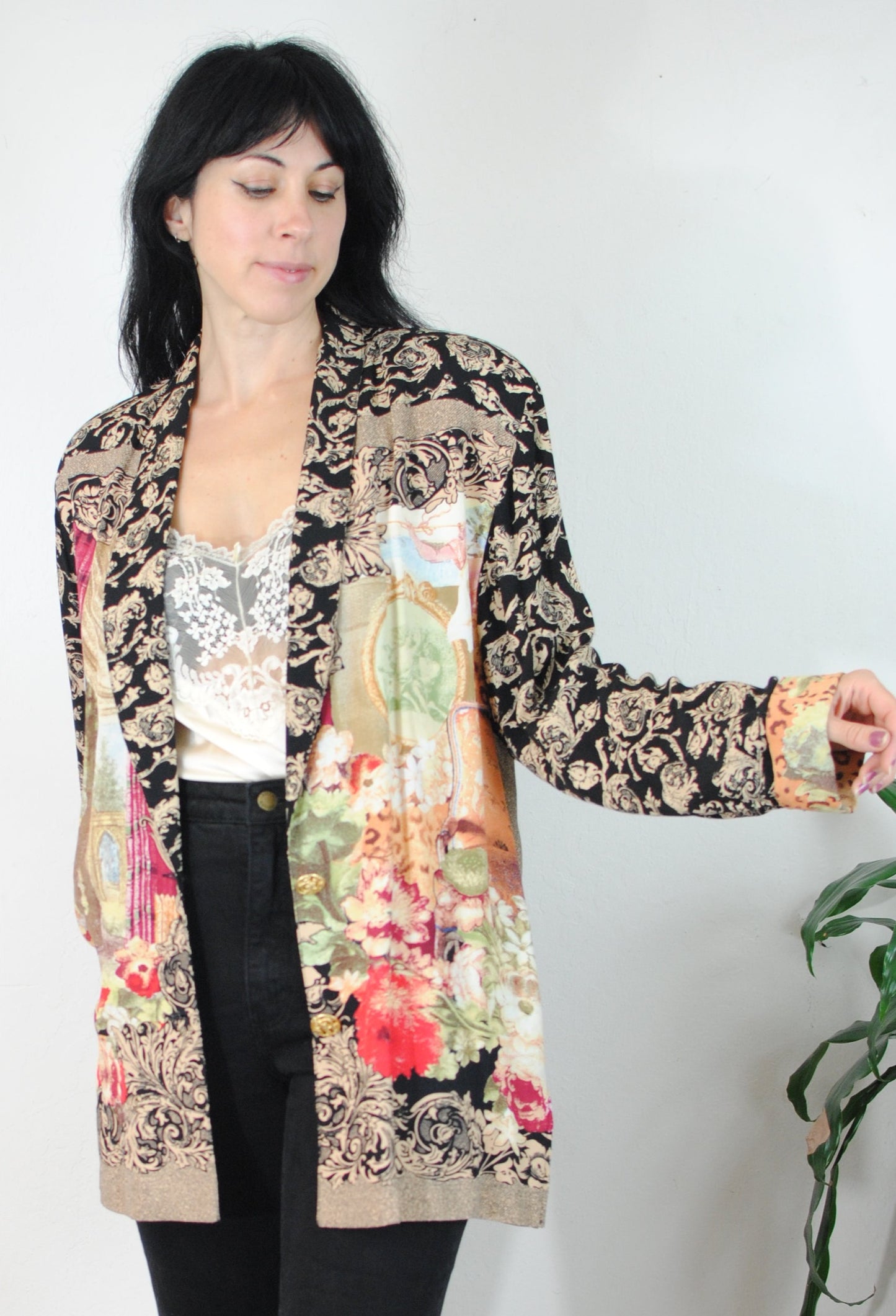 Carol Little 90s 80s rayon blazer gold buttons cherubs greek roman landscape