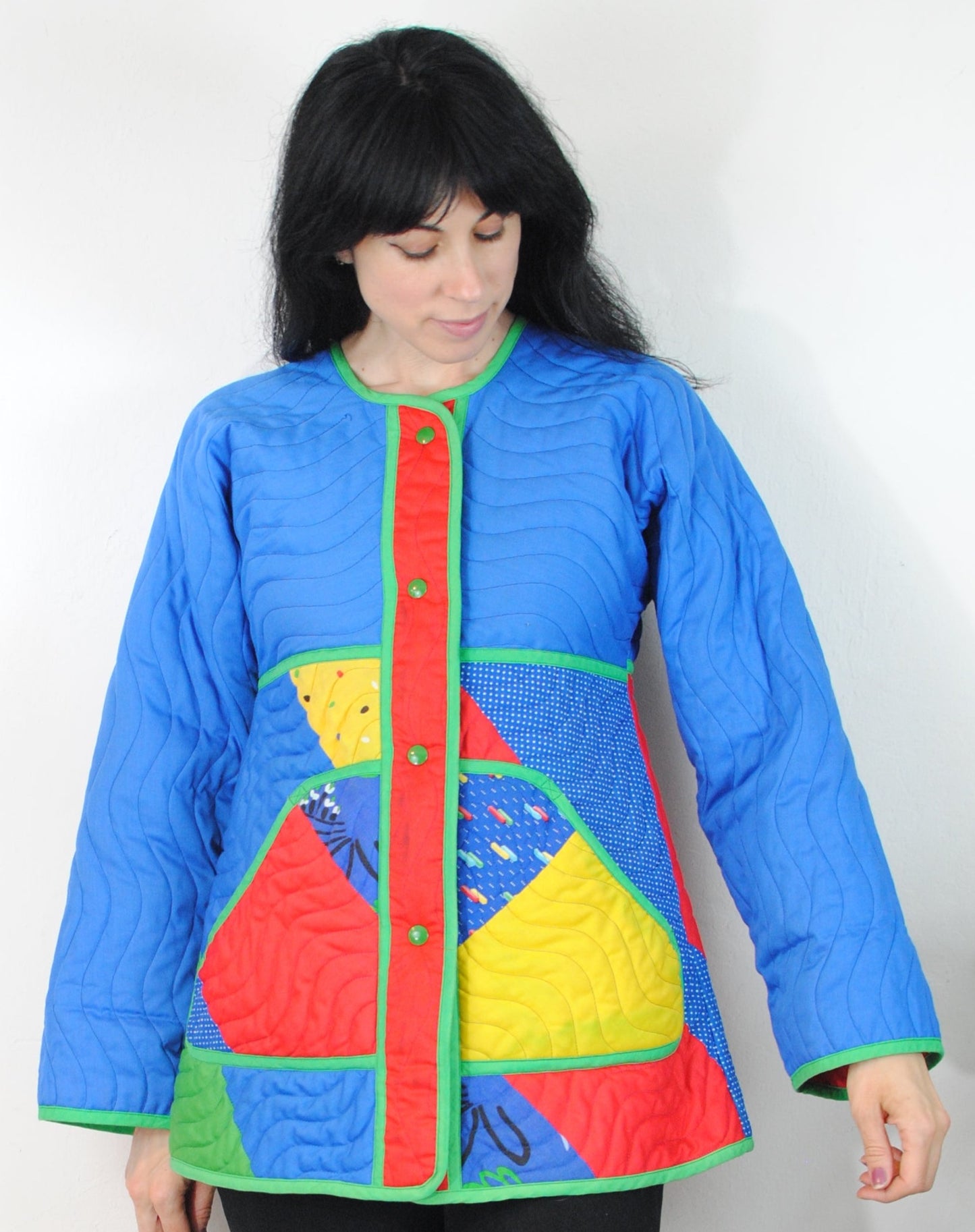 Jeanne Marc quilted coat bird design red blue green flower