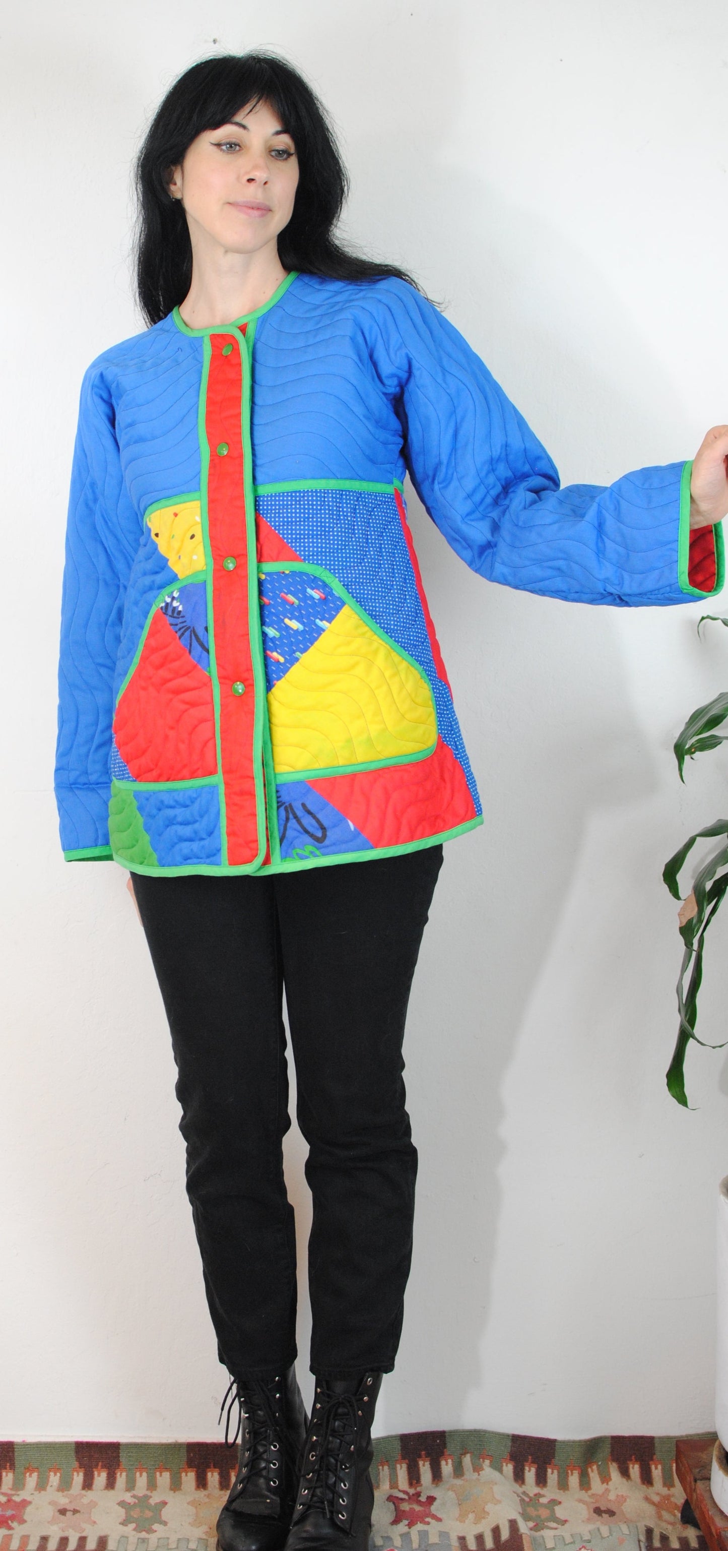 Jeanne Marc quilted coat bird design red blue green flower