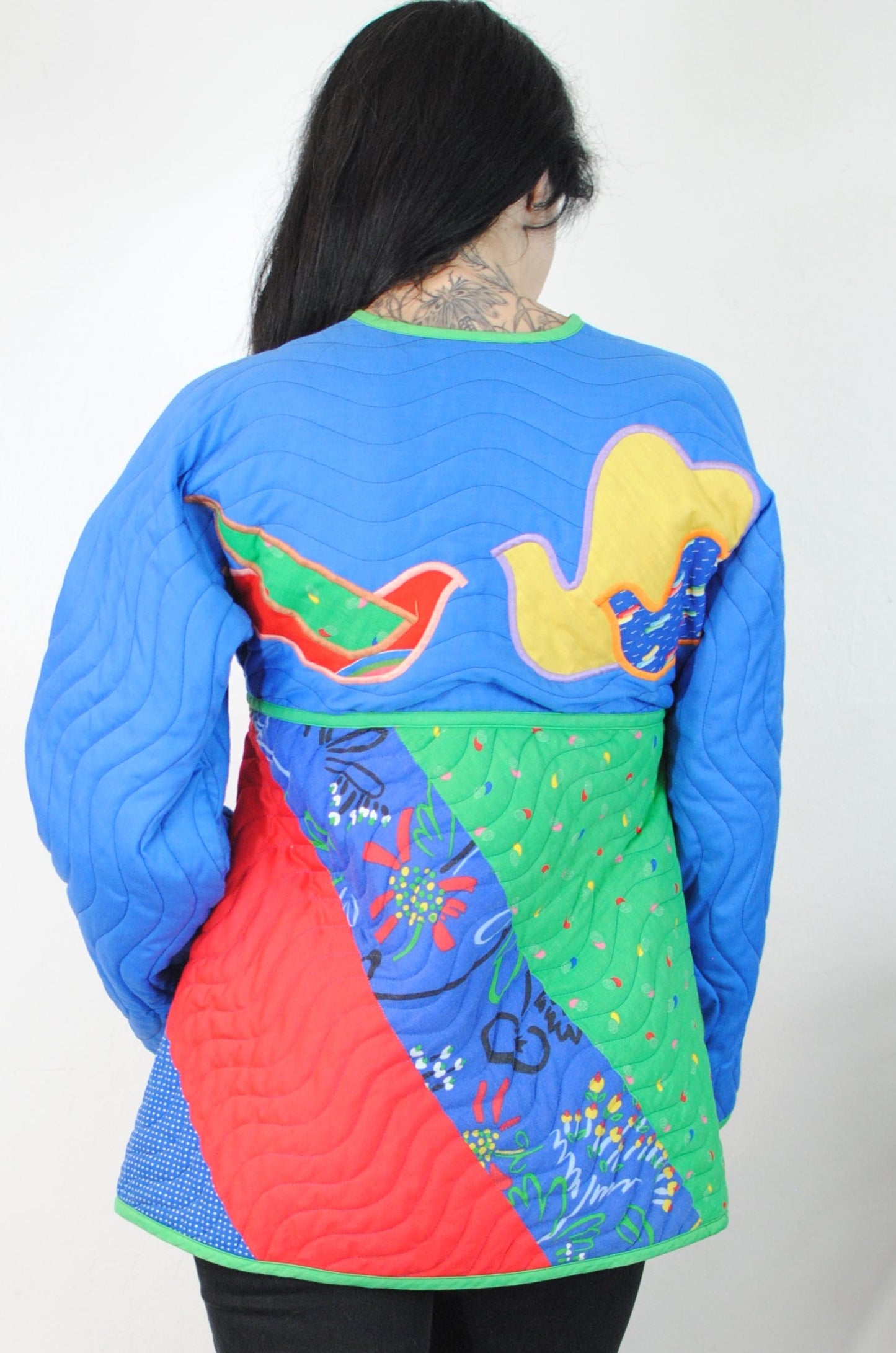 Jeanne Marc quilted coat bird design red blue green flower