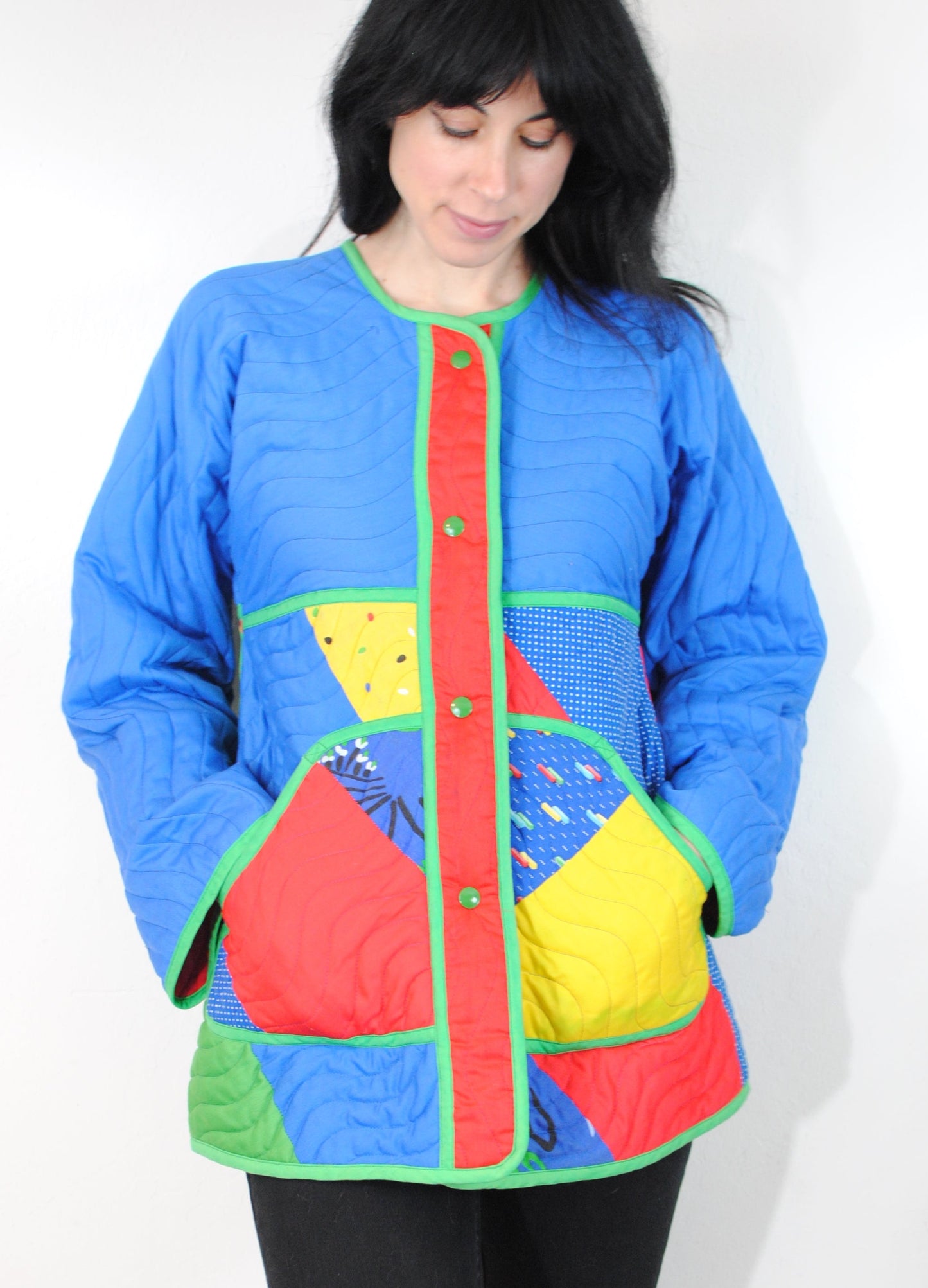 Jeanne Marc quilted coat bird design red blue green flower