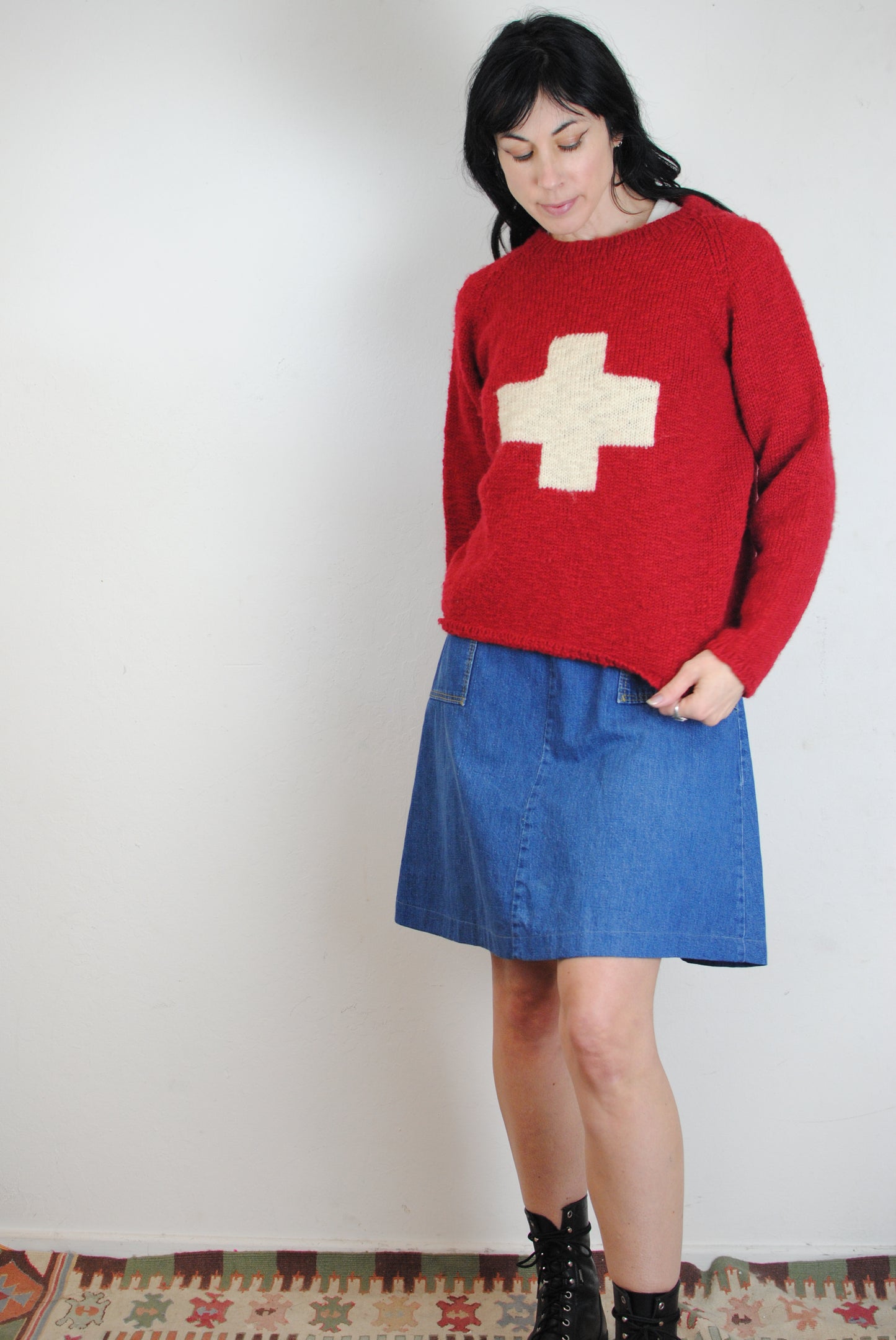 Matt Nye soft wool red sweater with white cross 2000 runway ready to wear fashion