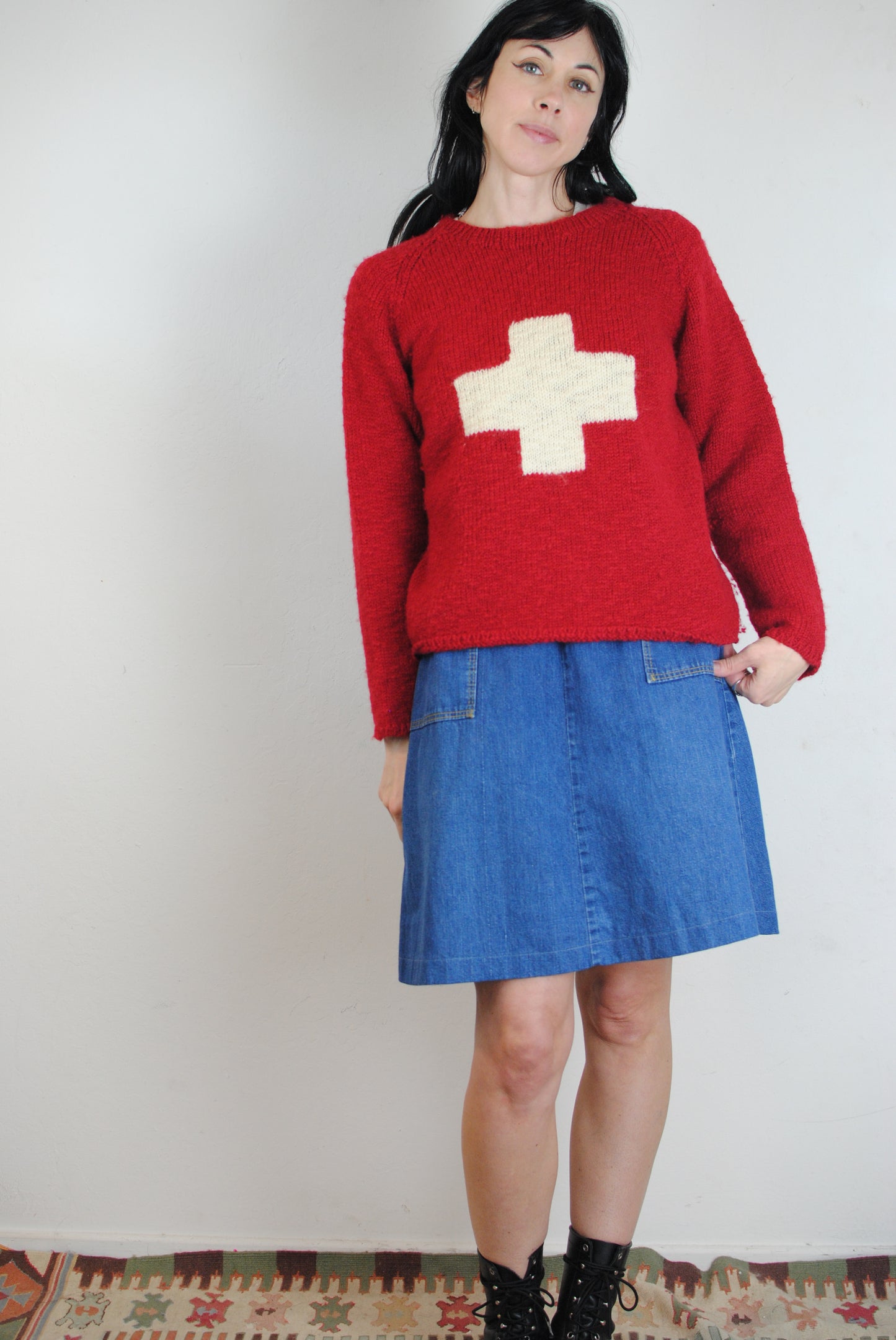 Matt Nye soft wool red sweater with white cross 2000 runway ready to wear fashion