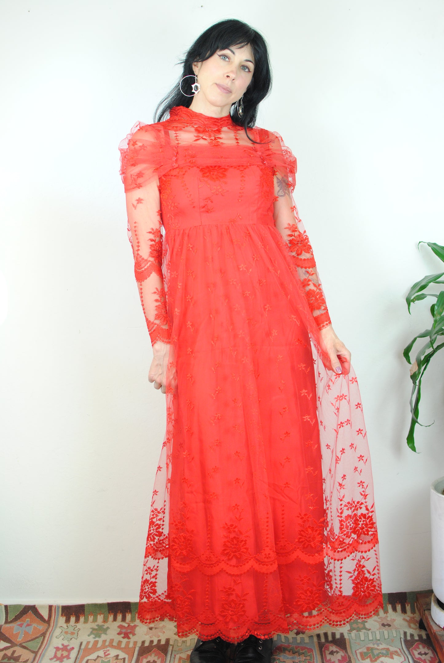 Sheer lace red dress long sleeve zip back hand made halloween costume extra small