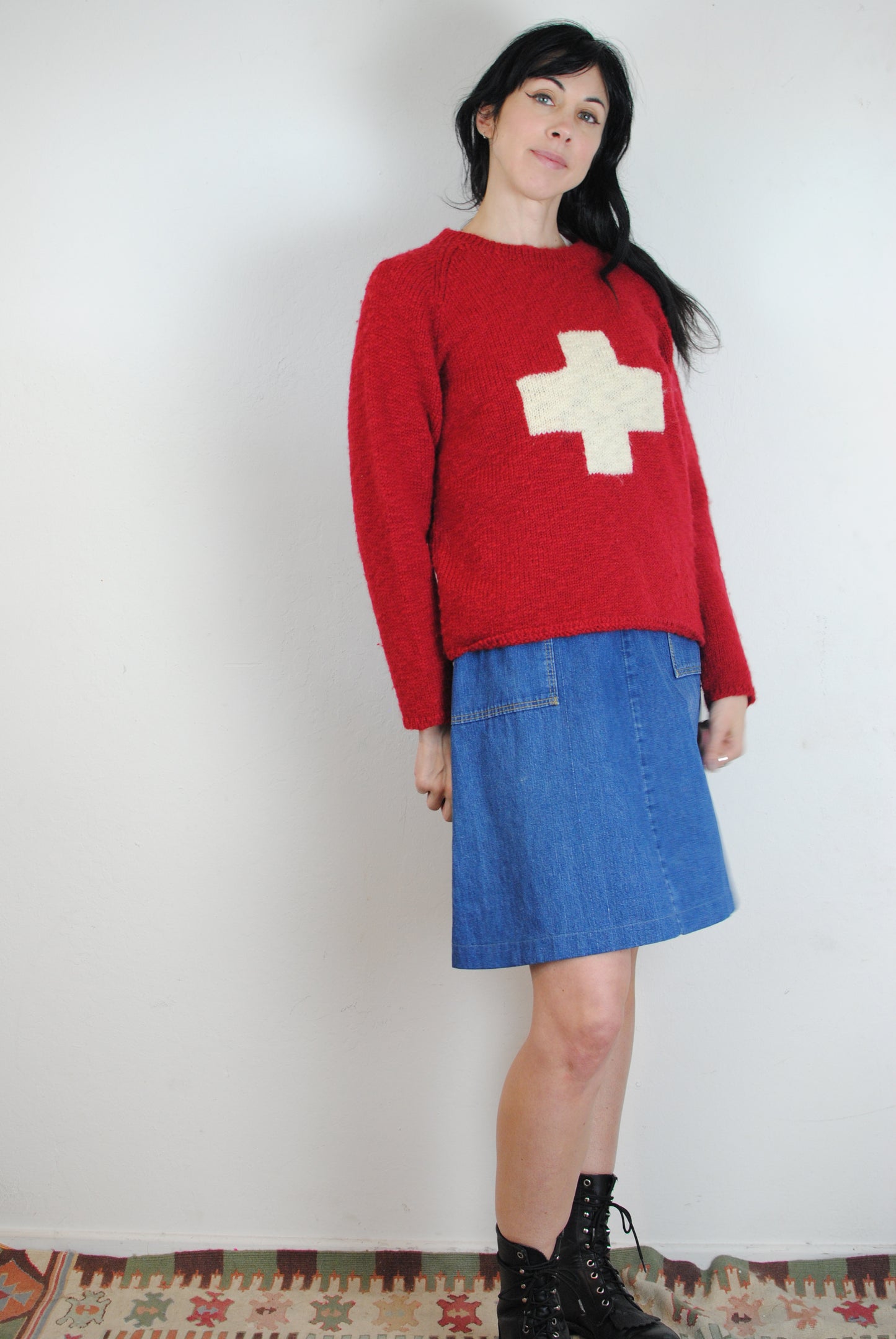 Matt Nye soft wool red sweater with white cross 2000 runway ready to wear fashion