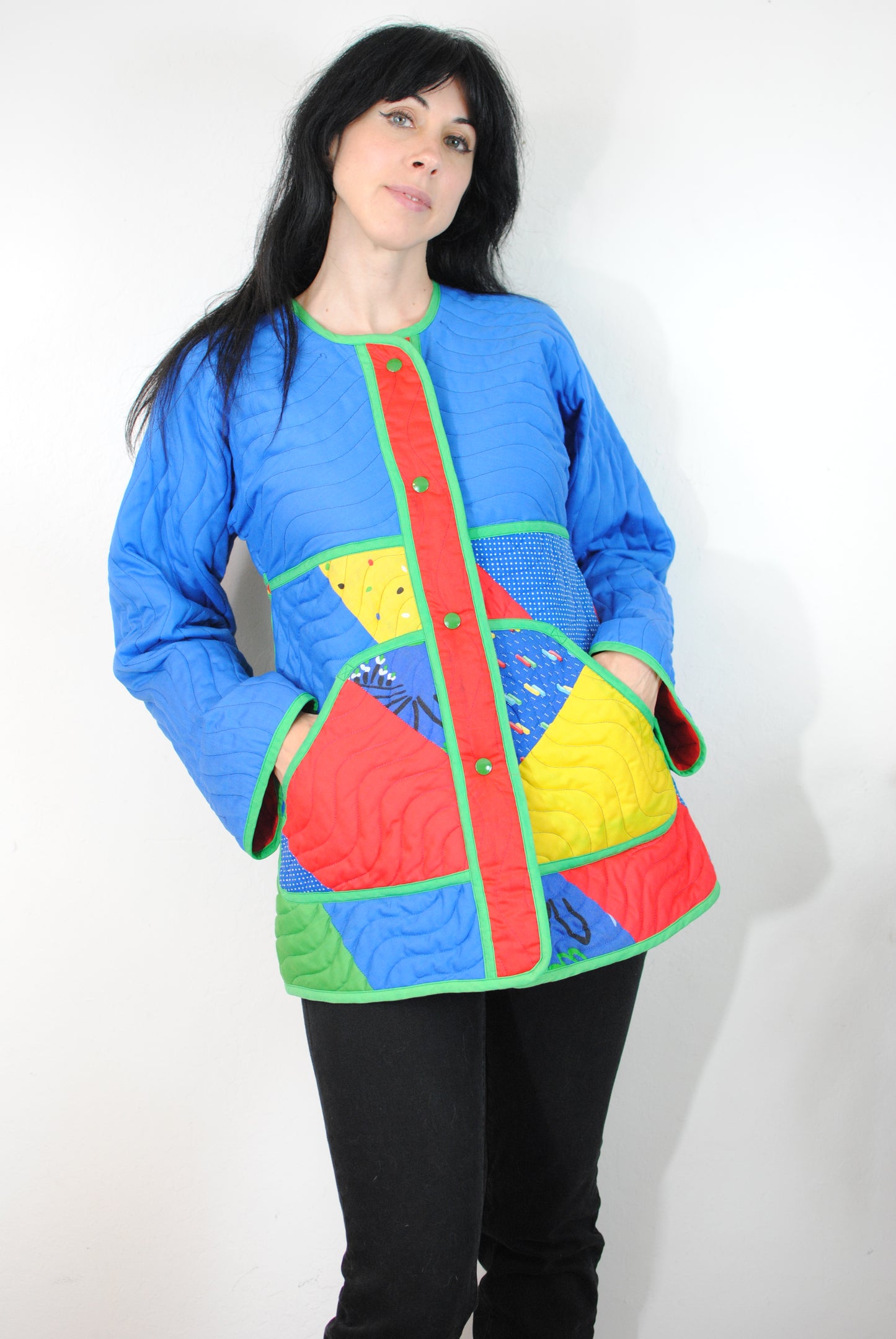 Jeanne Marc quilted coat bird design red blue green flower