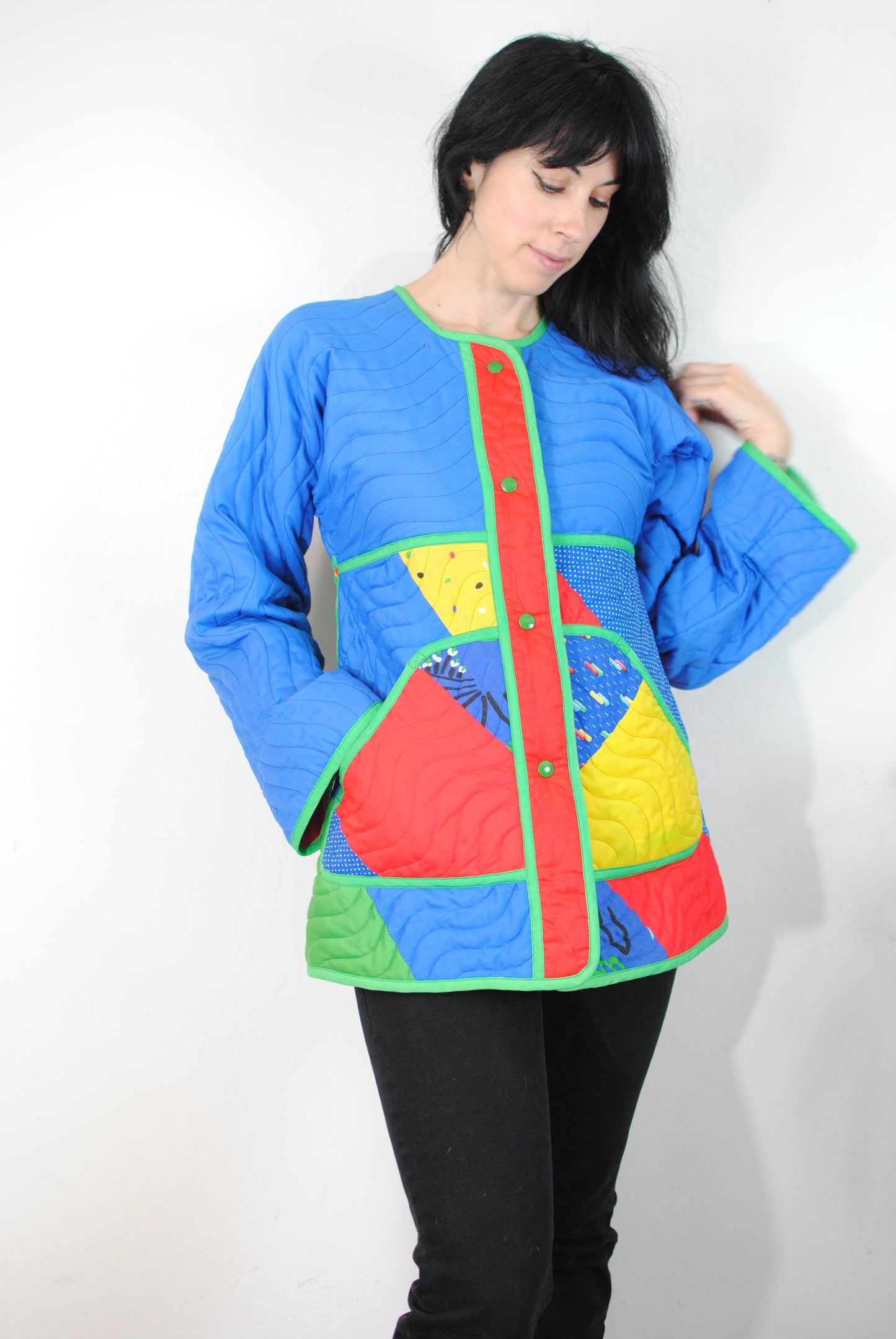 Jeanne Marc quilted coat bird design red blue green flower