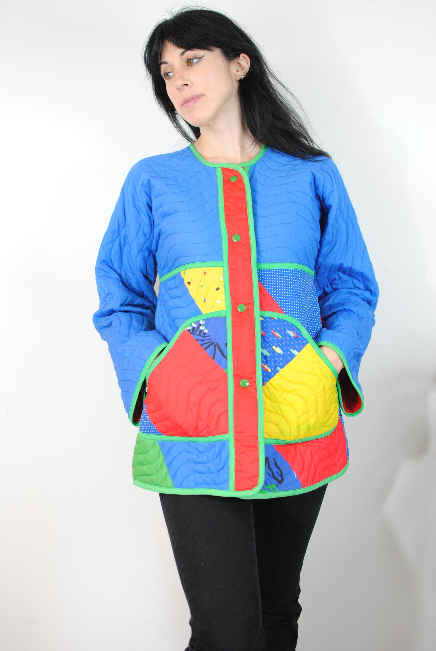 Jeanne Marc quilted coat bird design red blue green flower