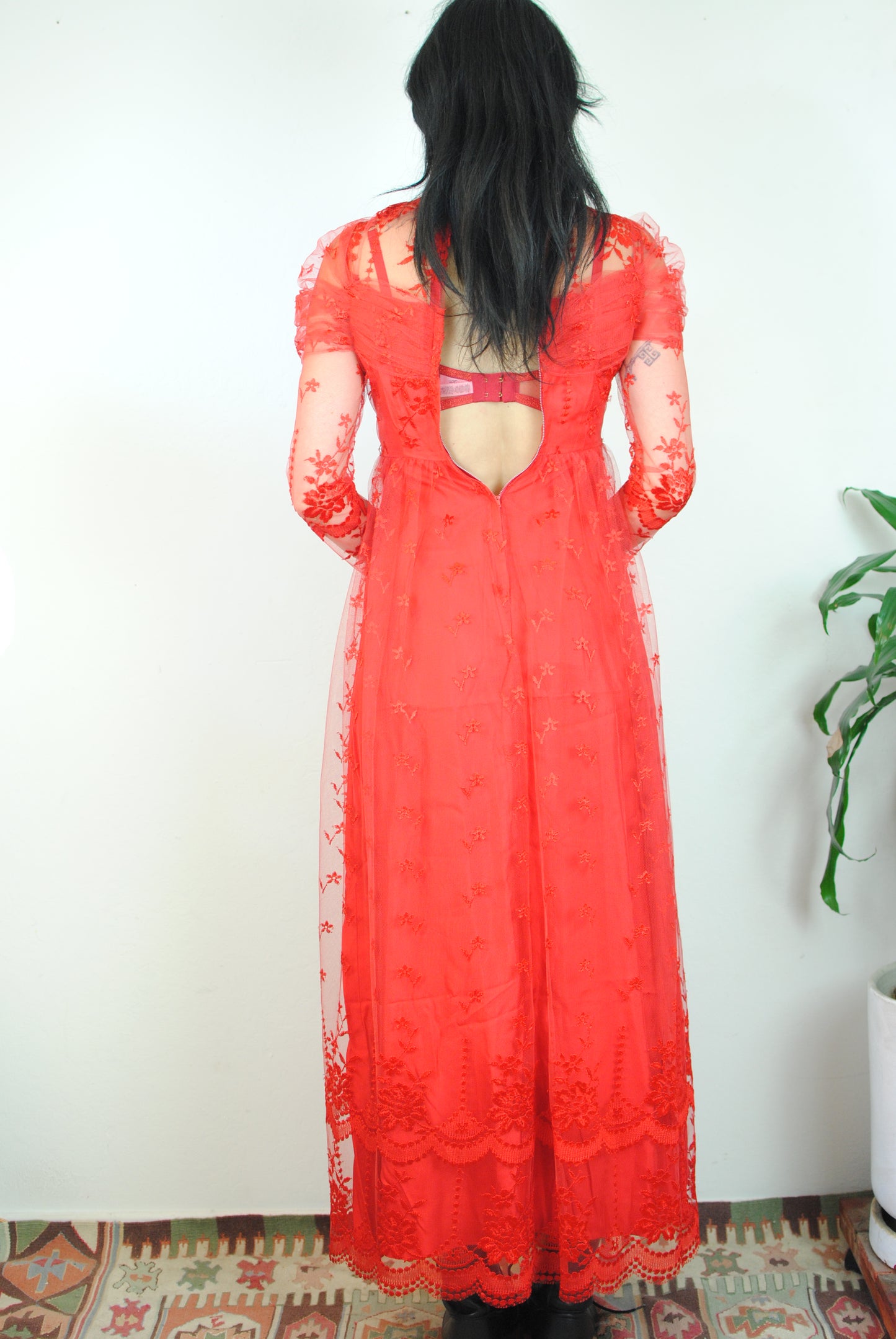 Sheer lace red dress long sleeve zip back hand made halloween costume extra small