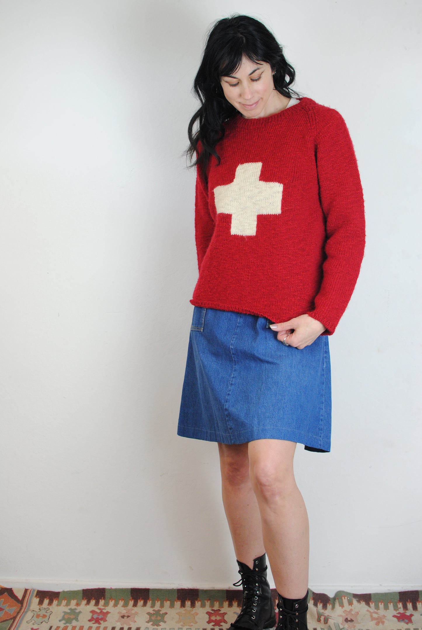 Matt Nye soft wool red sweater with white cross 2000 runway ready to wear fashion