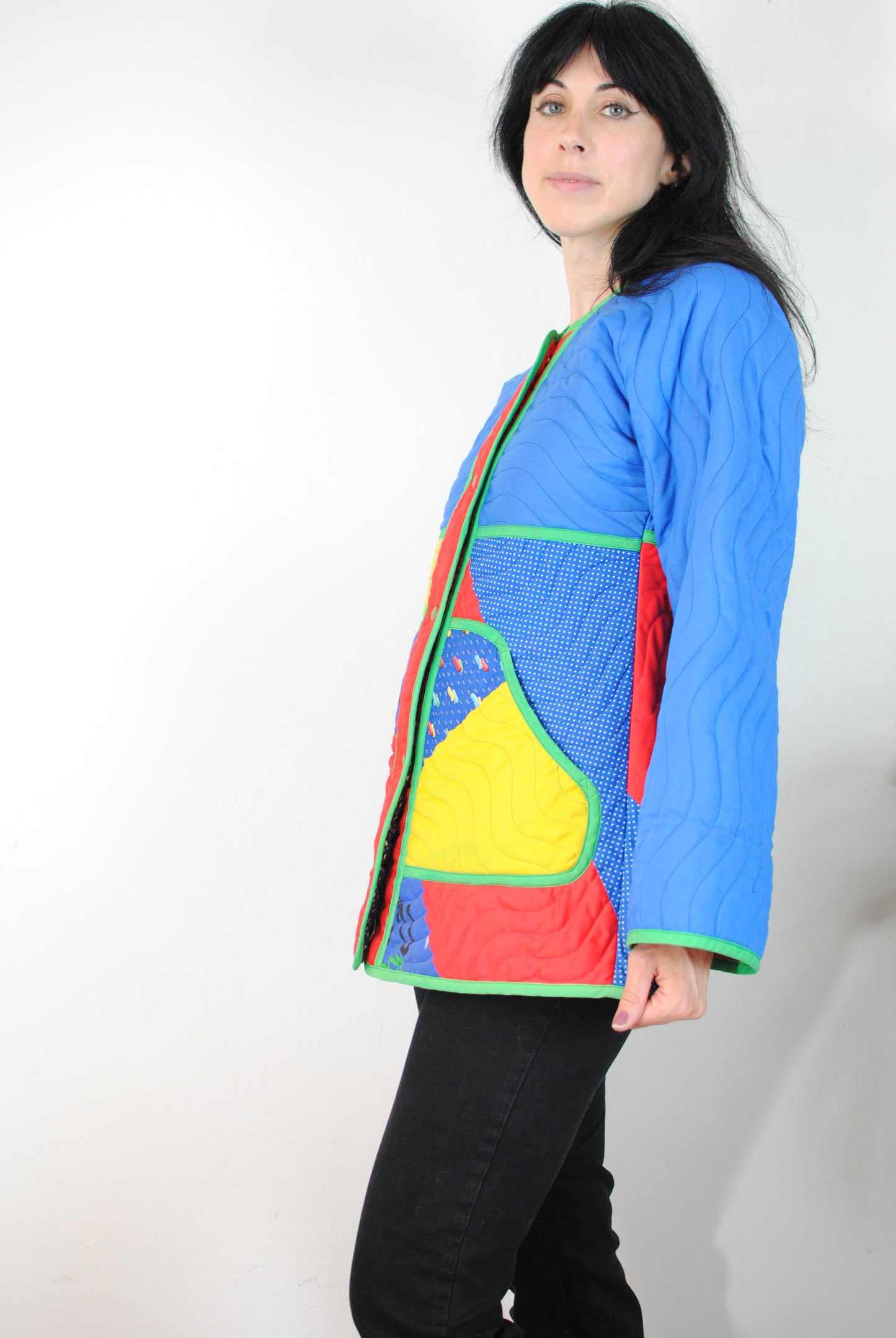 Jeanne Marc quilted coat bird design red blue green flower