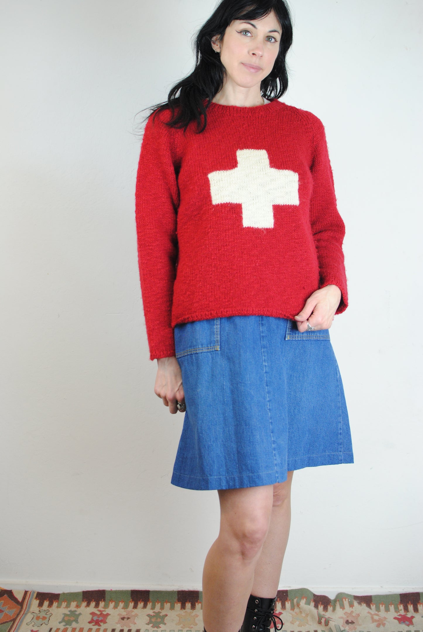 Matt Nye soft wool red sweater with white cross 2000 runway ready to wear fashion