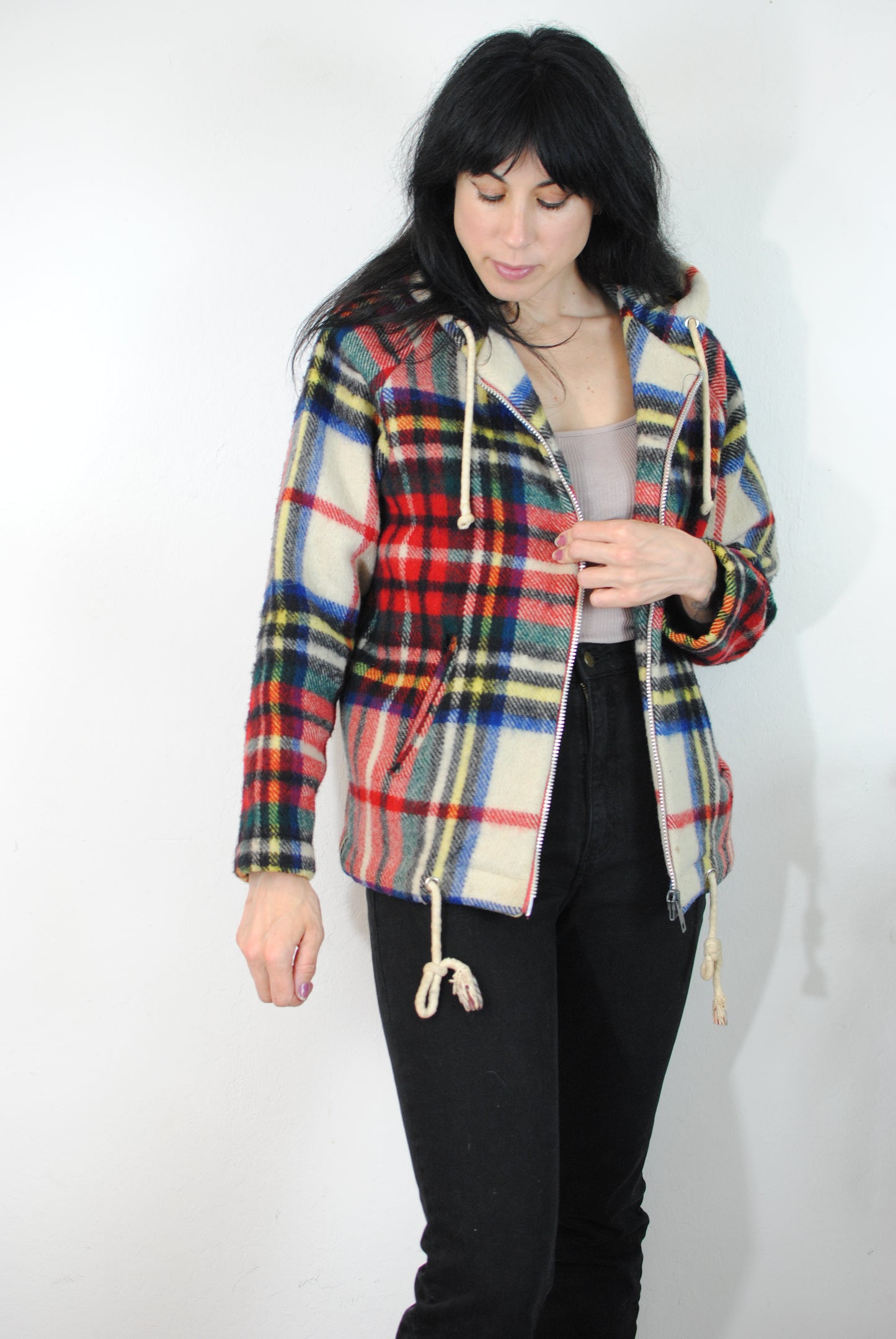 Wool plaid hooded 60s 70s coat zip up jacket virgin wool winter coat