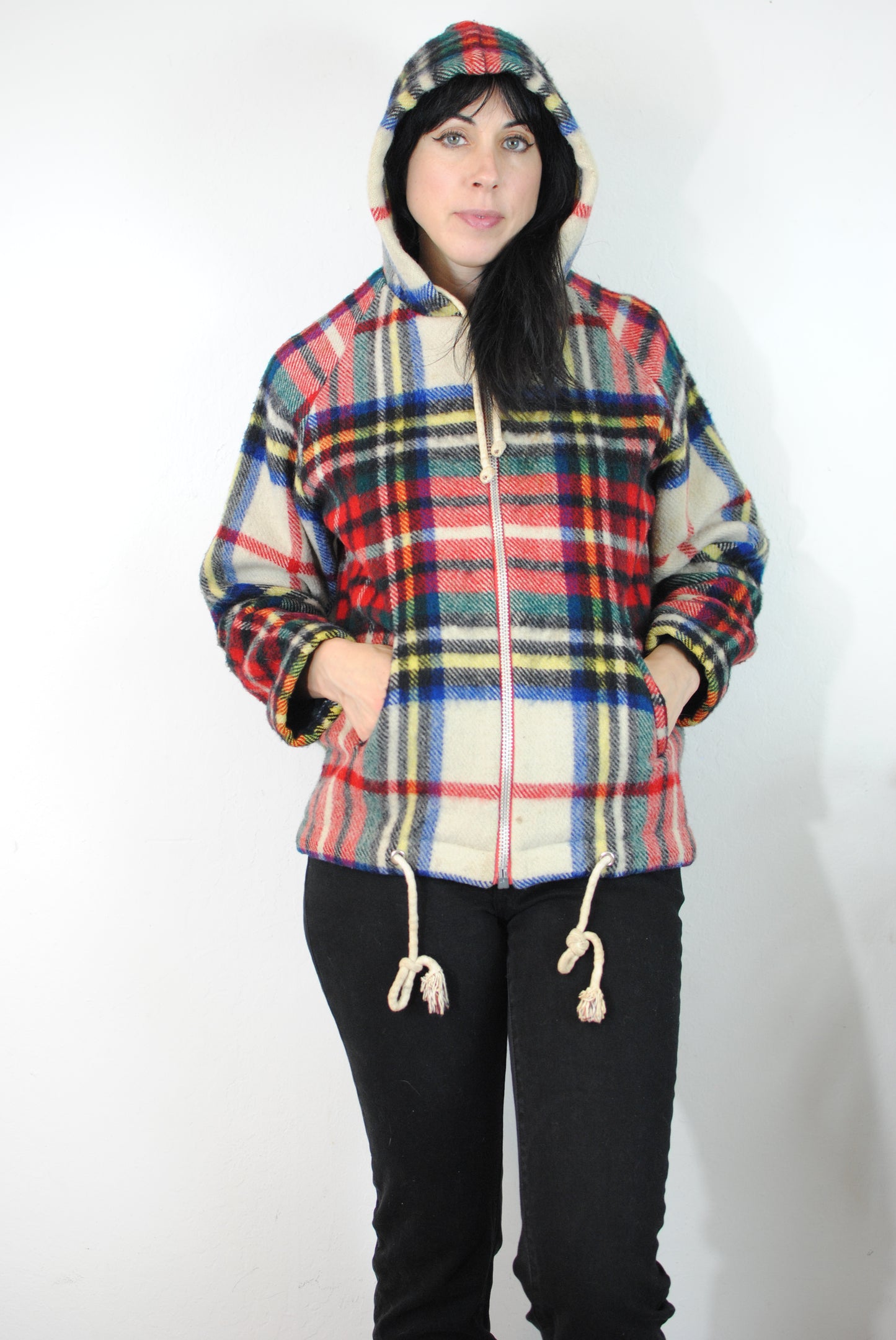 Wool plaid hooded 60s 70s coat zip up jacket virgin wool winter coat