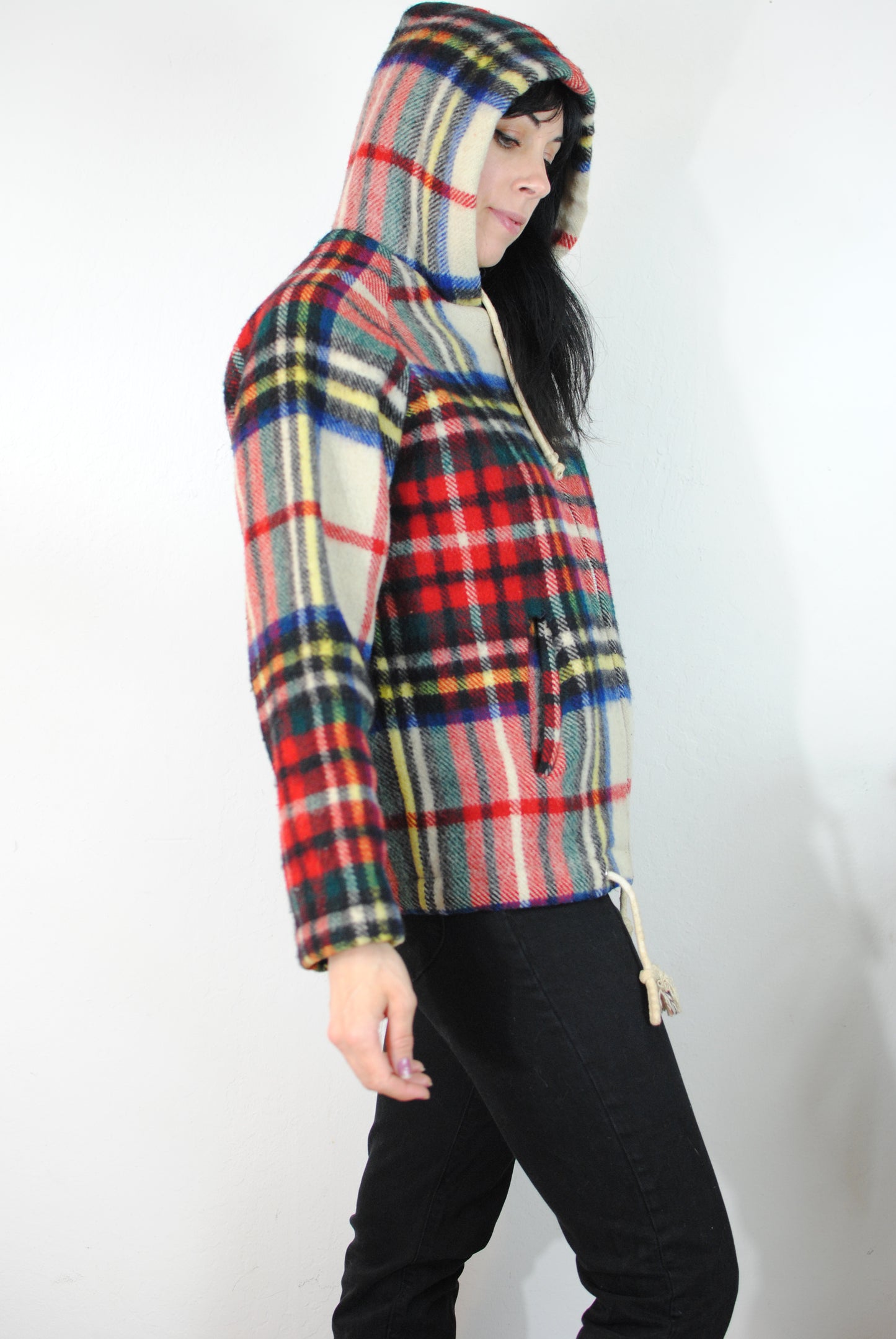 Wool plaid hooded 60s 70s coat zip up jacket virgin wool winter coat