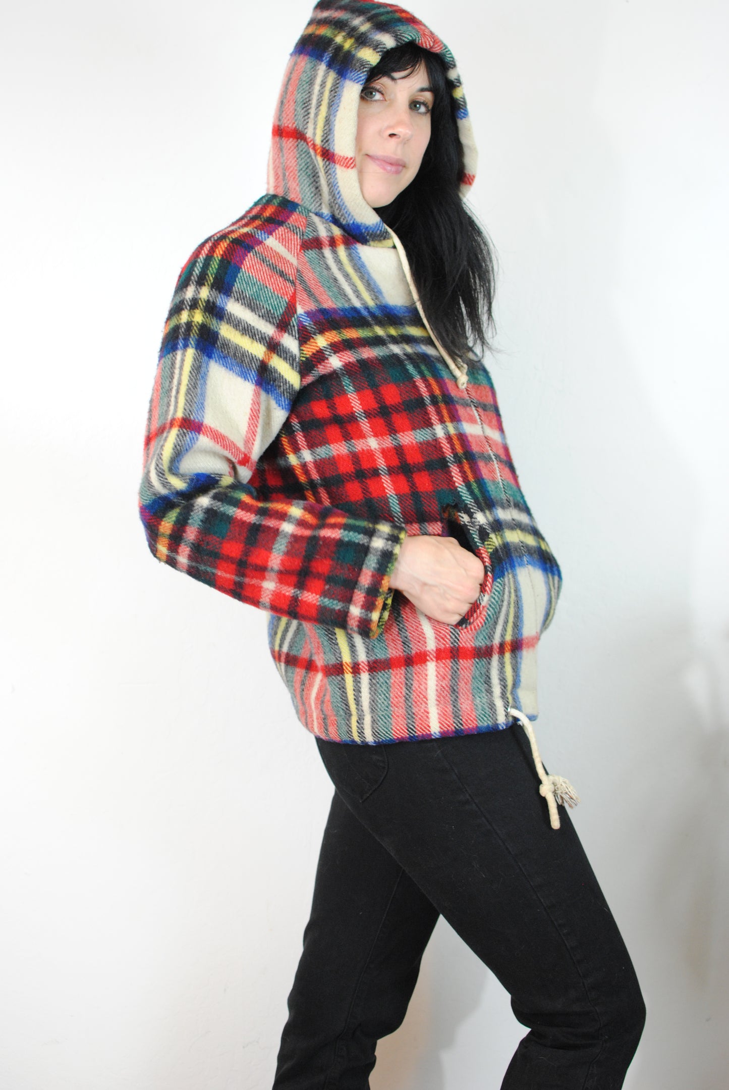 Wool plaid hooded 60s 70s coat zip up jacket virgin wool winter coat