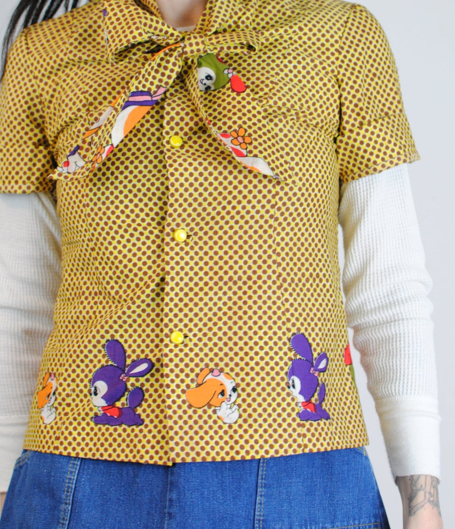 Novelty print puppy bunny yellow brown polka dot ascot button blouse shirt