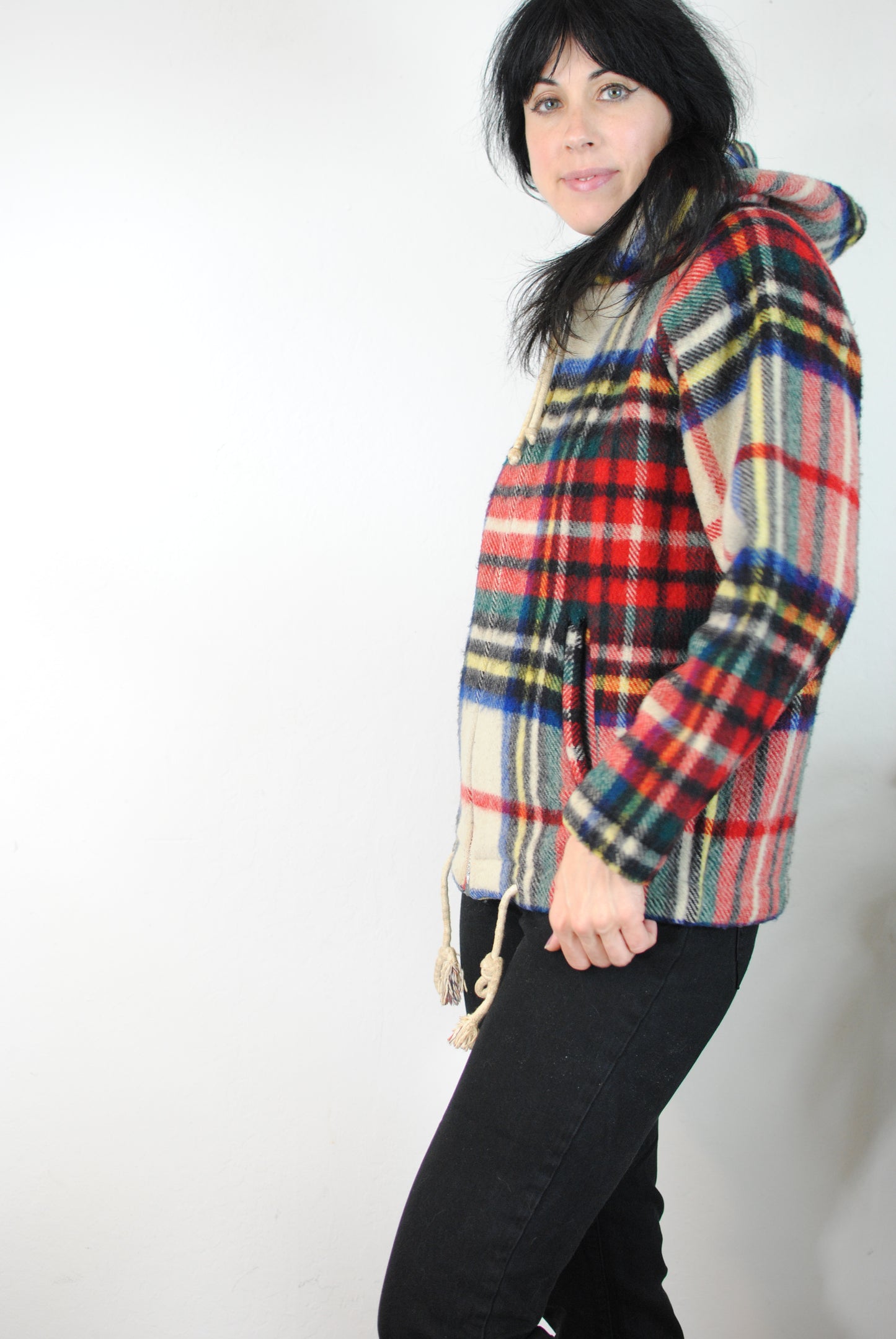 Wool plaid hooded 60s 70s coat zip up jacket virgin wool winter coat