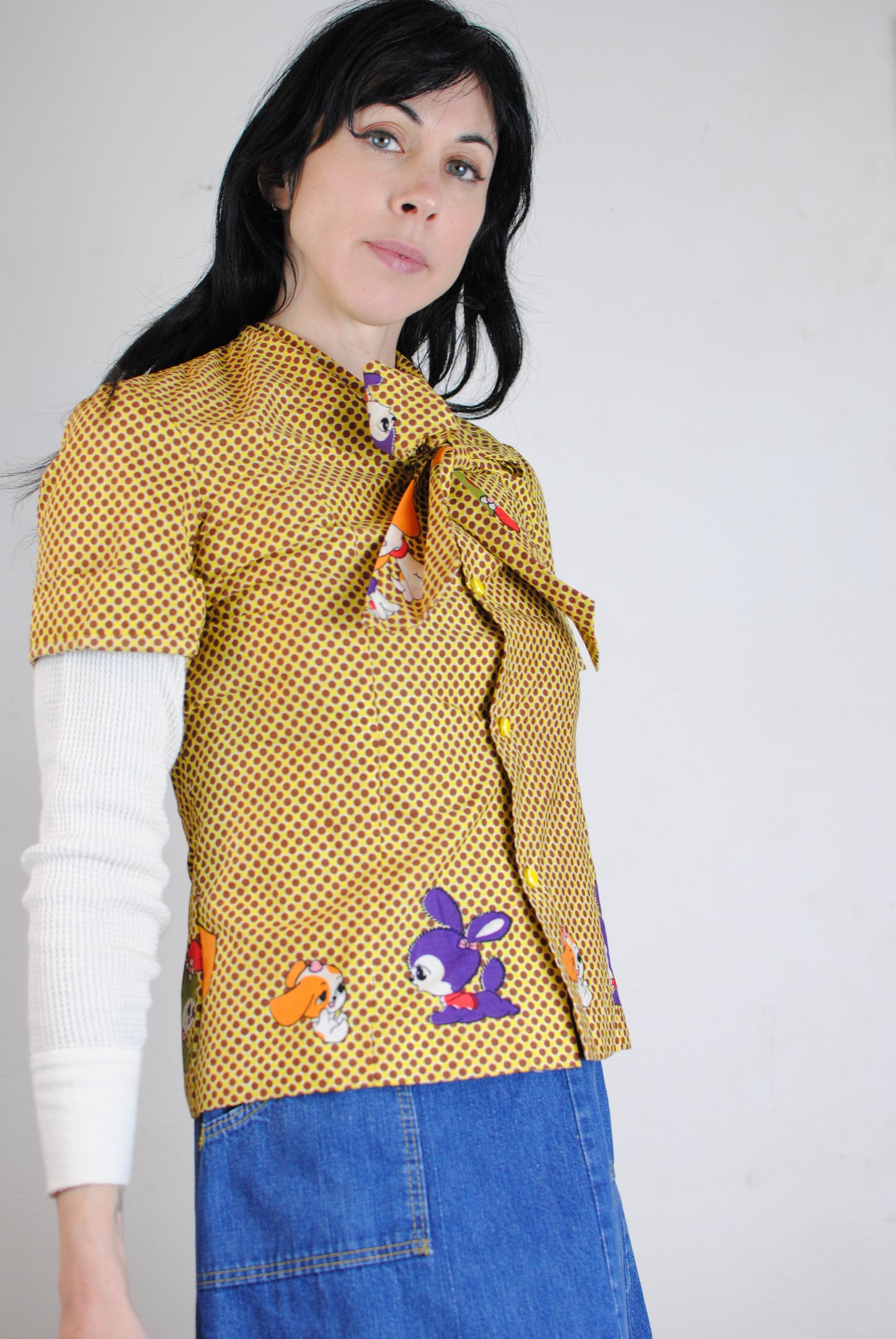 Novelty print puppy bunny yellow brown polka dot ascot button blouse shirt