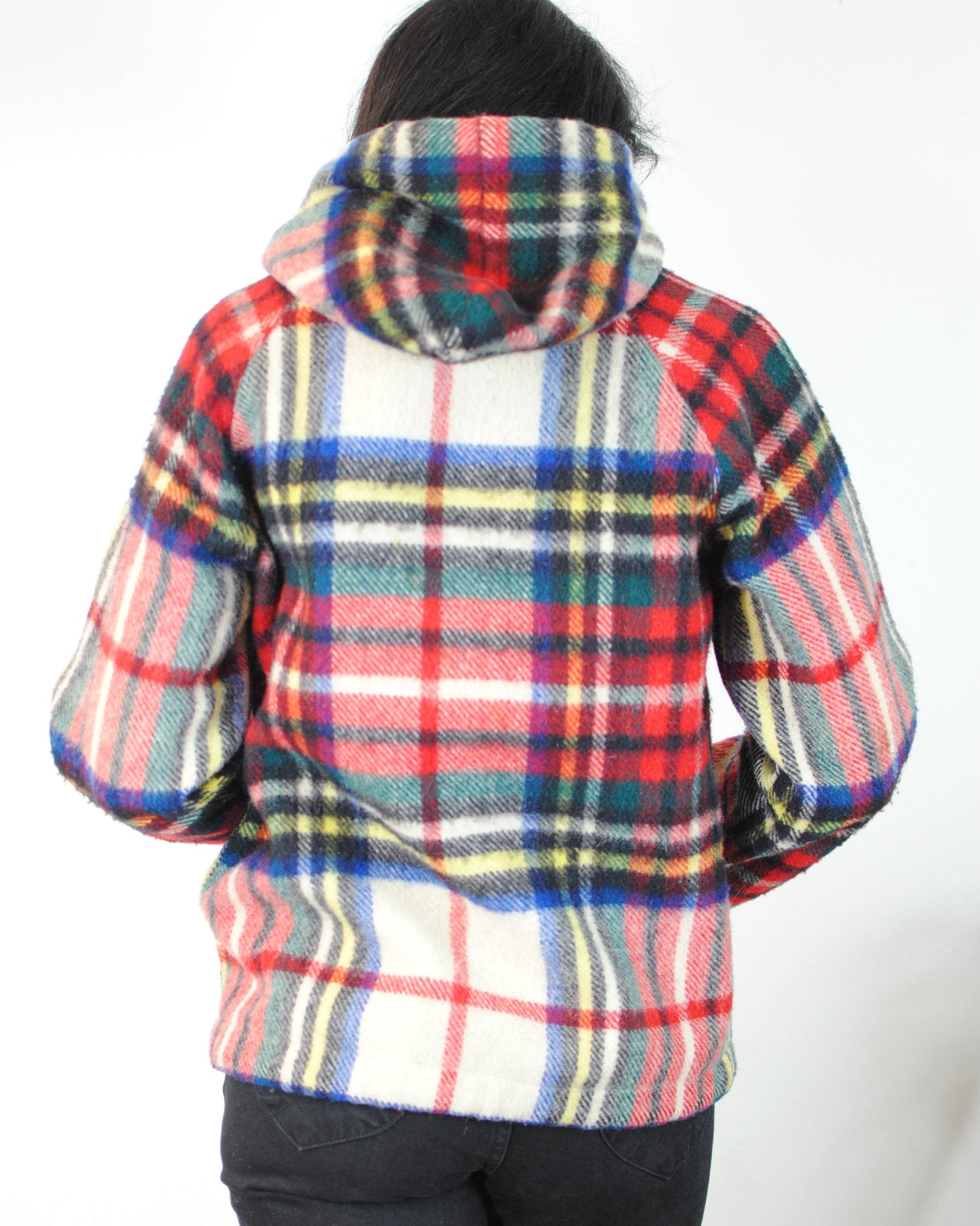 Wool plaid hooded 60s 70s coat zip up jacket virgin wool winter coat