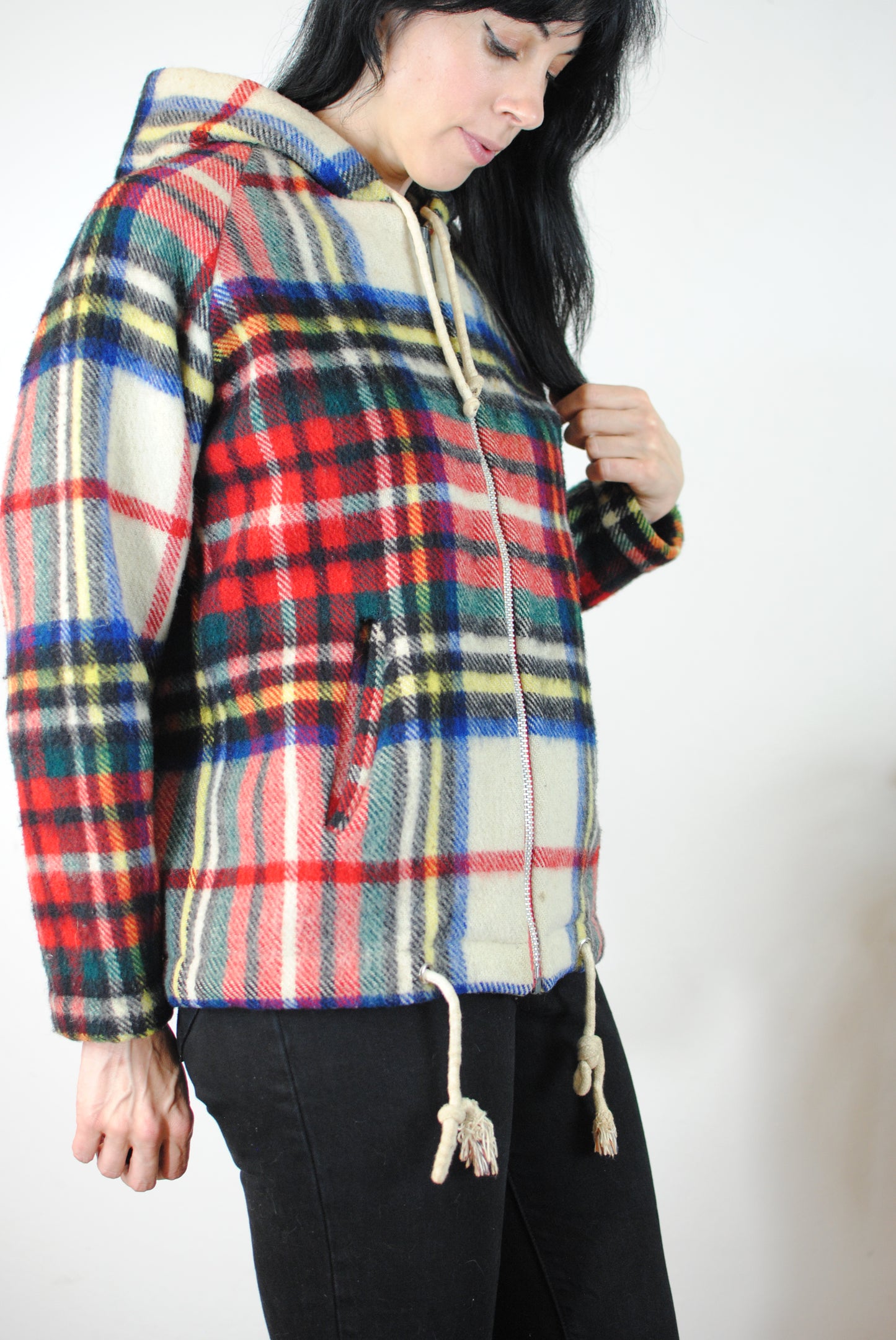 Wool plaid hooded 60s 70s coat zip up jacket virgin wool winter coat