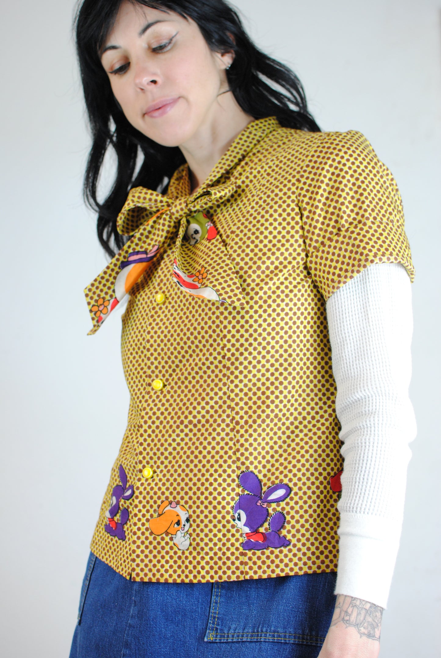 Novelty print puppy bunny yellow brown polka dot ascot button blouse shirt