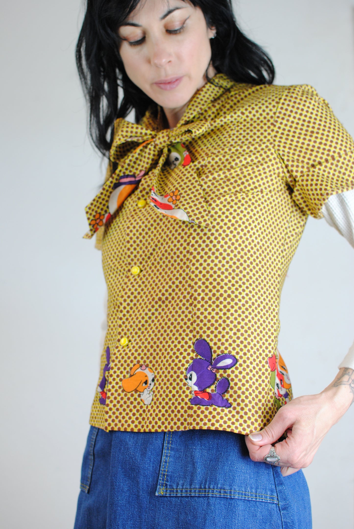 Novelty print puppy bunny yellow brown polka dot ascot button blouse shirt