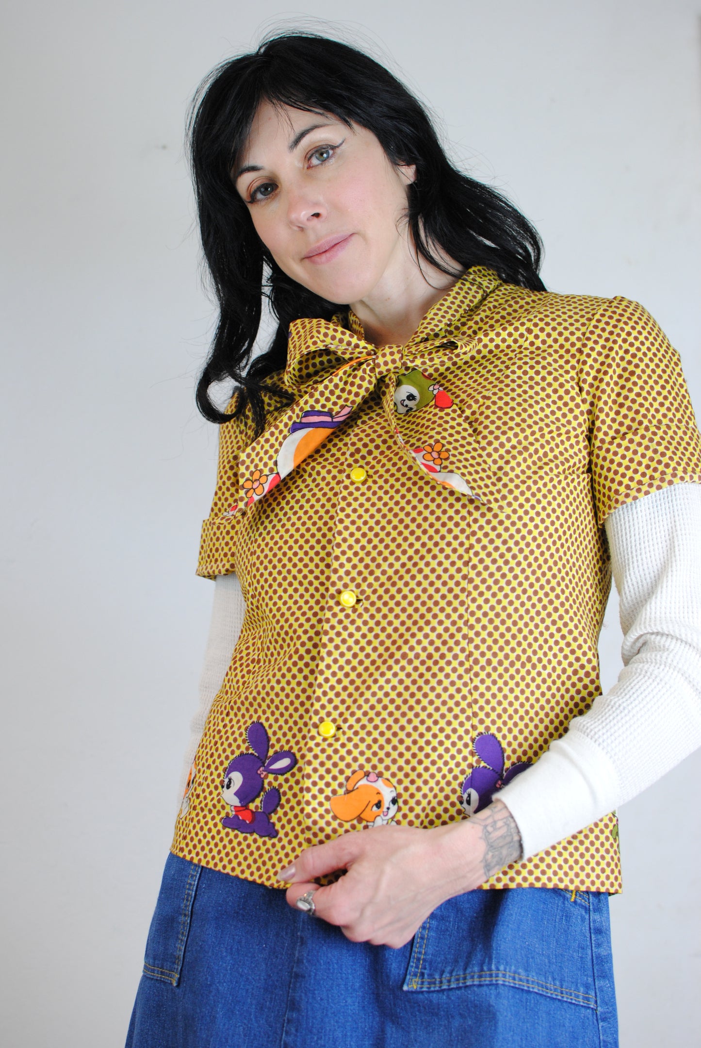 Novelty print puppy bunny yellow brown polka dot ascot button blouse shirt