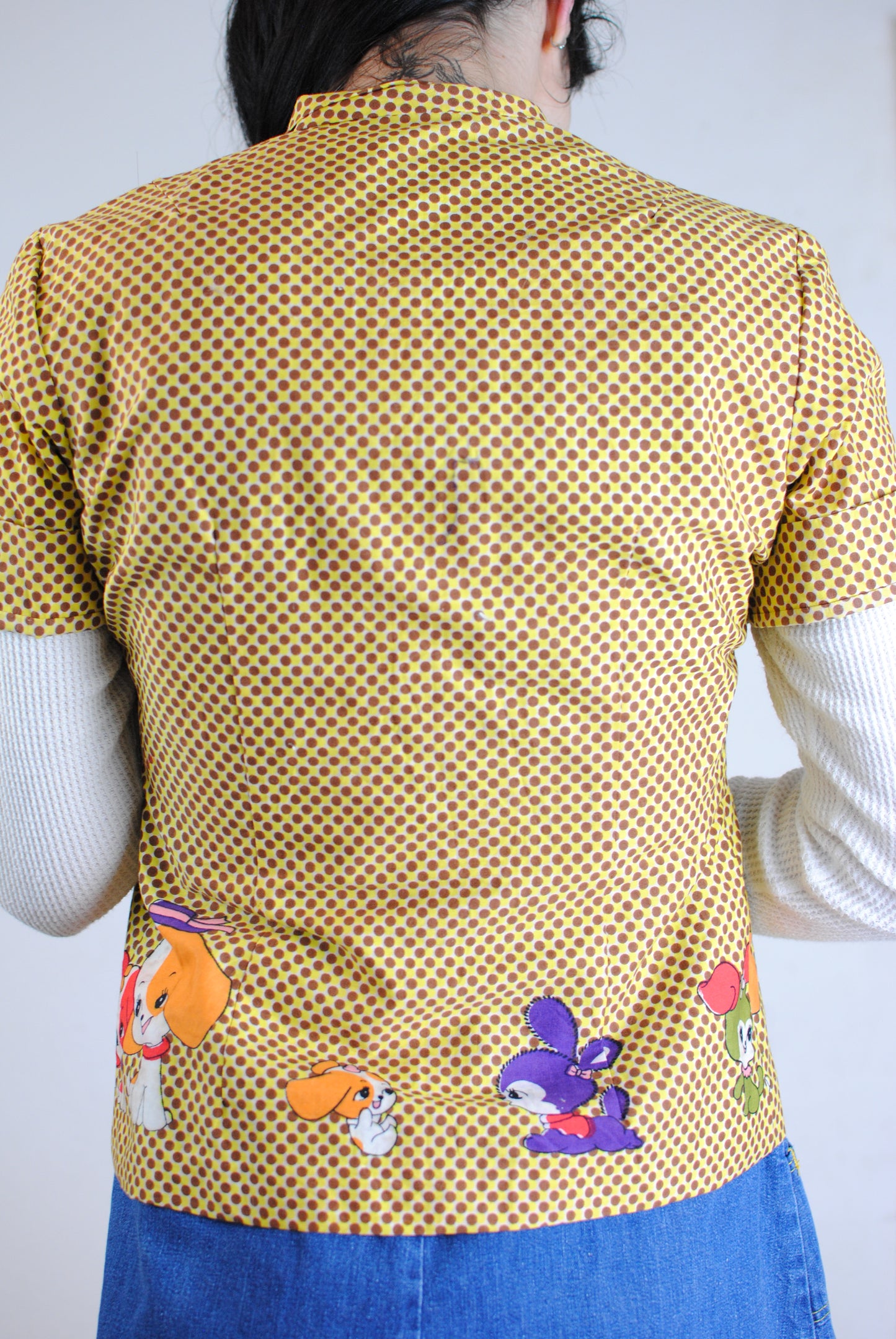 Novelty print puppy bunny yellow brown polka dot ascot button blouse shirt