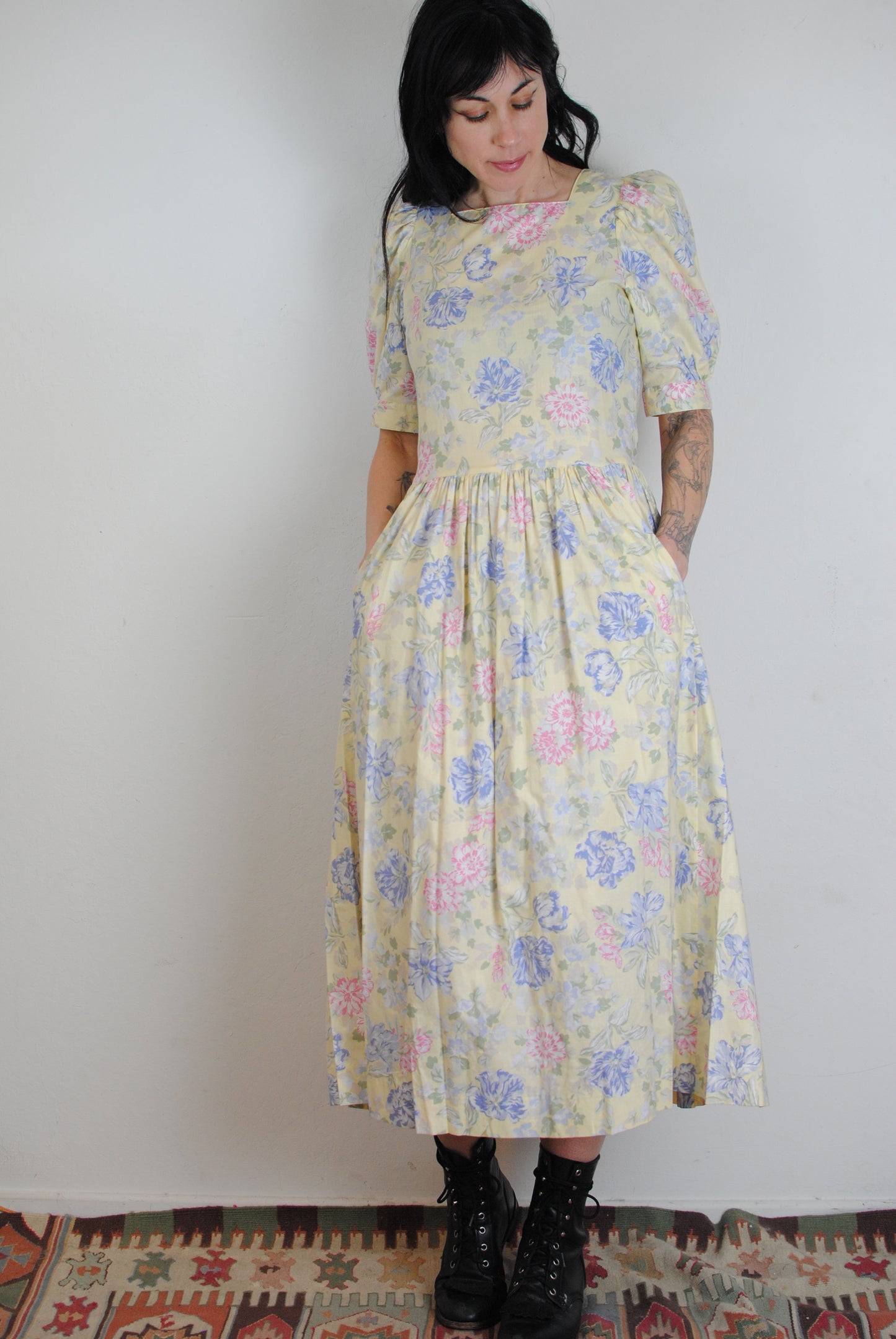 Laura Ashley yellow floral puff sleeve dress romantic cottagecore