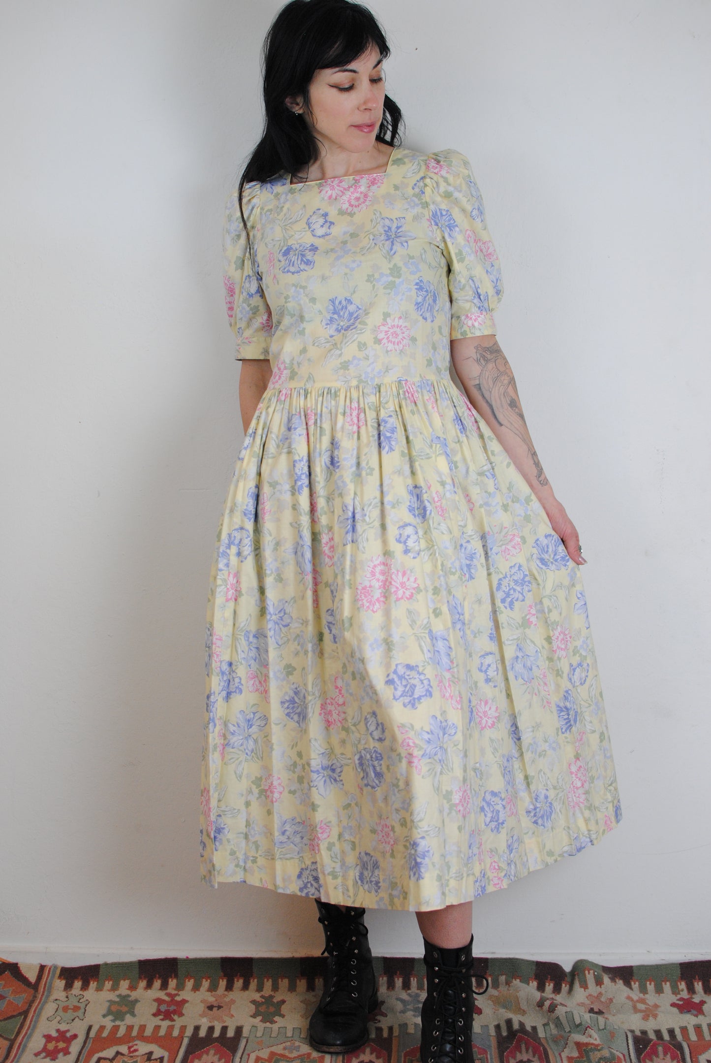 Laura Ashley yellow floral puff sleeve dress romantic cottagecore