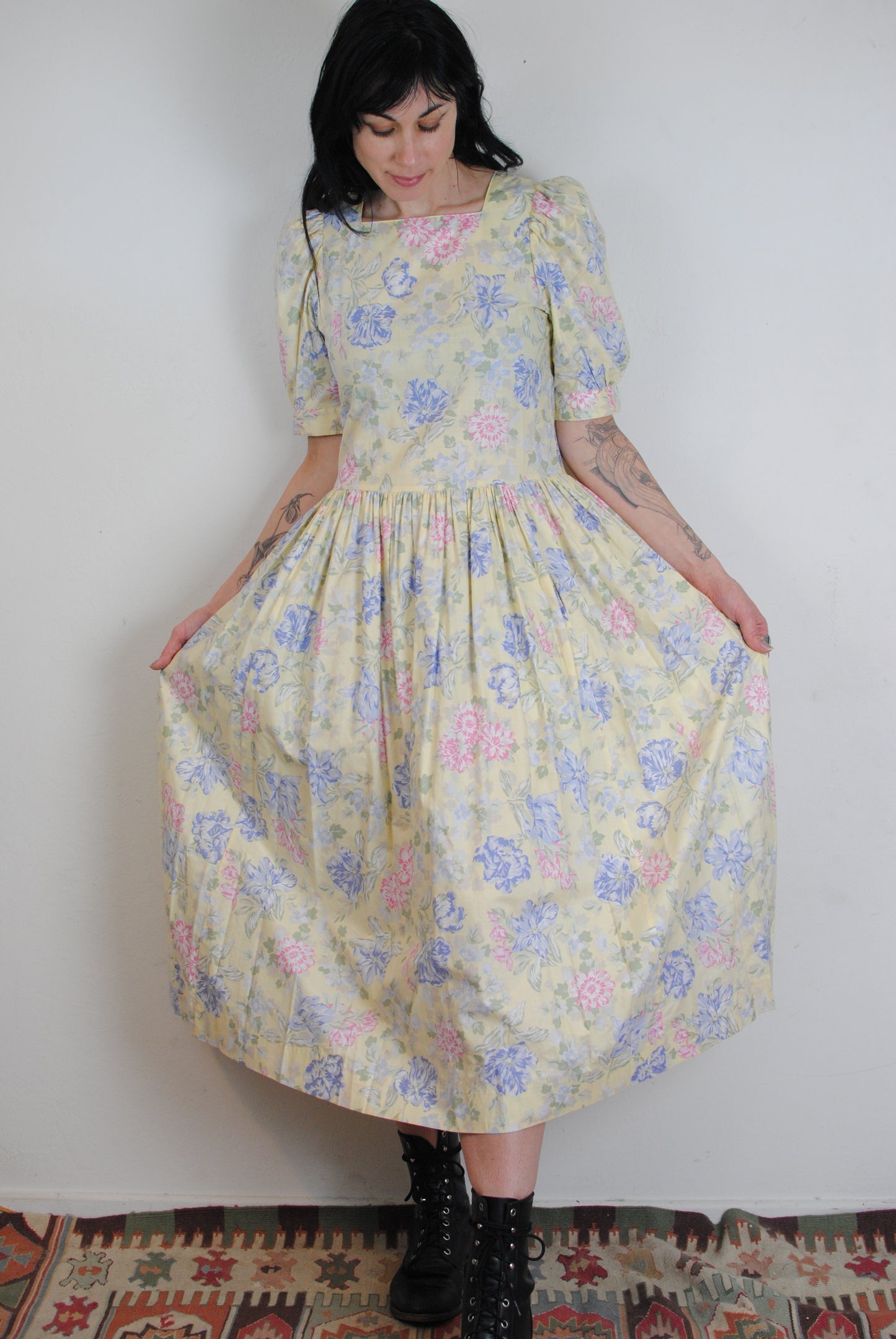 Laura Ashley yellow floral puff sleeve dress romantic cottagecore