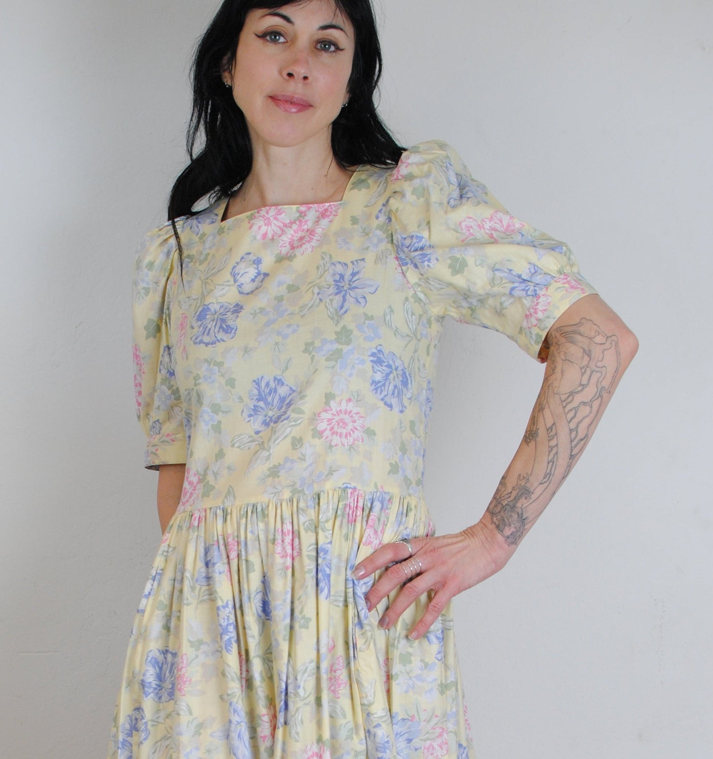 Laura Ashley yellow floral puff sleeve dress romantic cottagecore