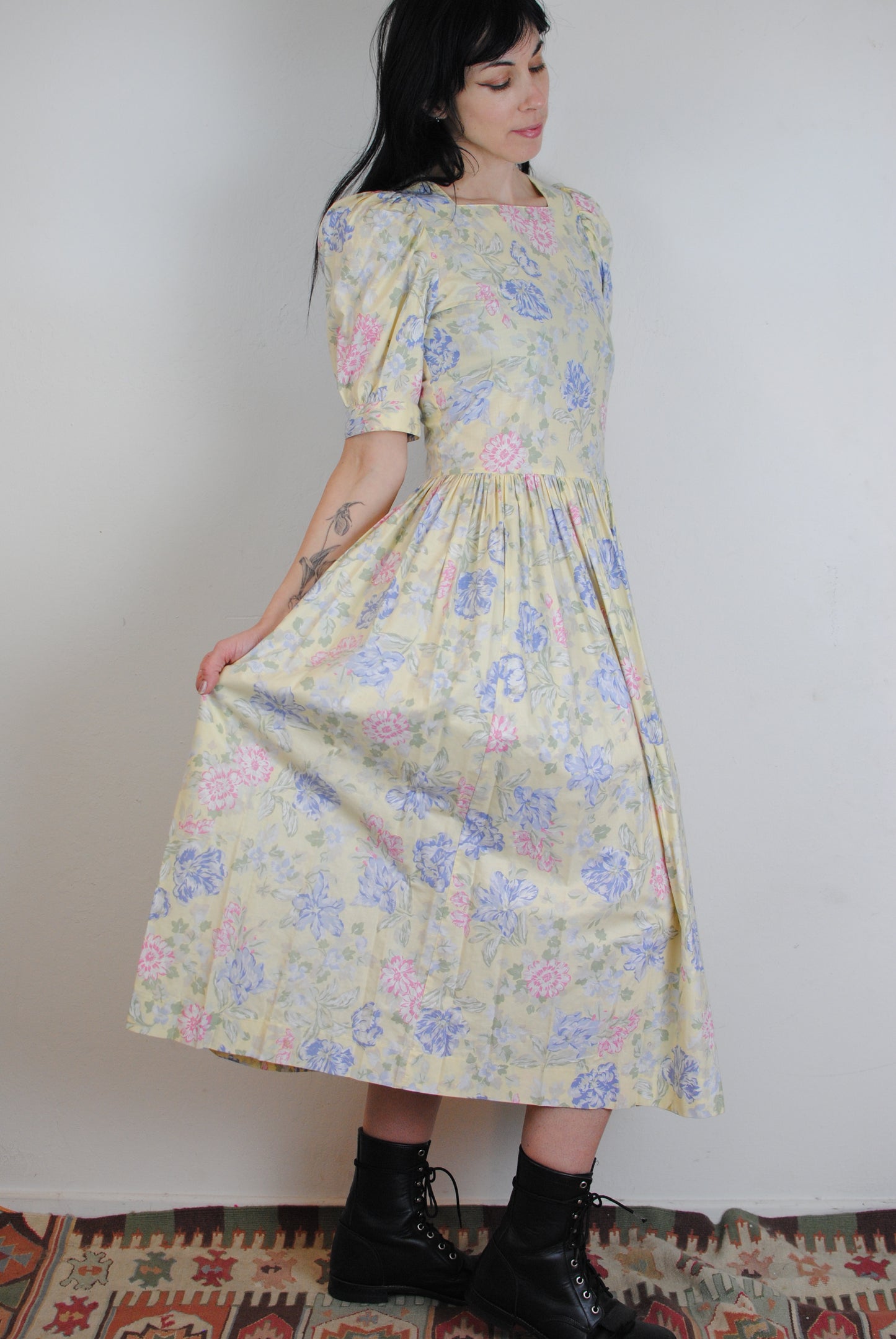 Laura Ashley yellow floral puff sleeve dress romantic cottagecore